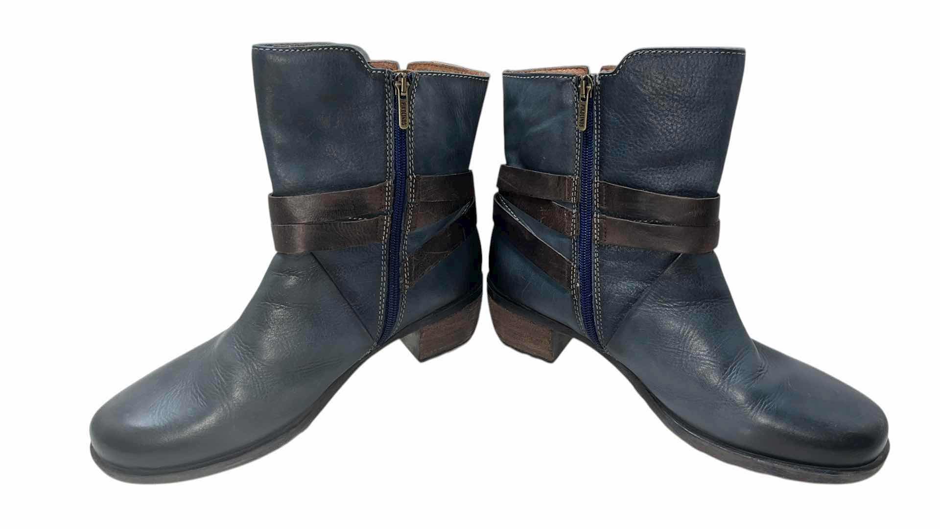 Photo 1 of PIKOLINOS BLUE GREEN/BROWN SIDE-ZIP BUCKLE STRAP ANKLE BOOTS WOMENS SIZE 8
