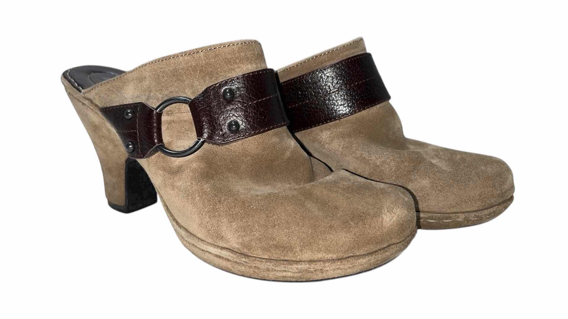 Photo 1 of BORN CROWN TAN HARNESS SUEDE SLIP-ON CLOGS WOMENS SIZE 9