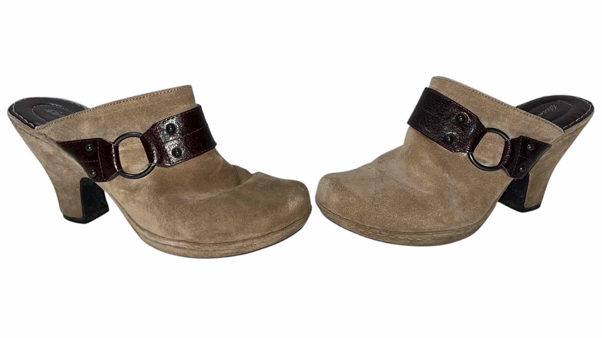 Photo 1 of BORN CROWN TAN HARNESS SUEDE SLIP-ON CLOGS WOMENS SIZE 9