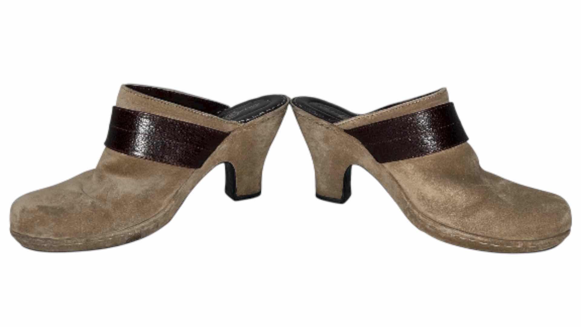 Photo 1 of BORN CROWN TAN HARNESS SUEDE SLIP-ON CLOGS WOMENS SIZE 9