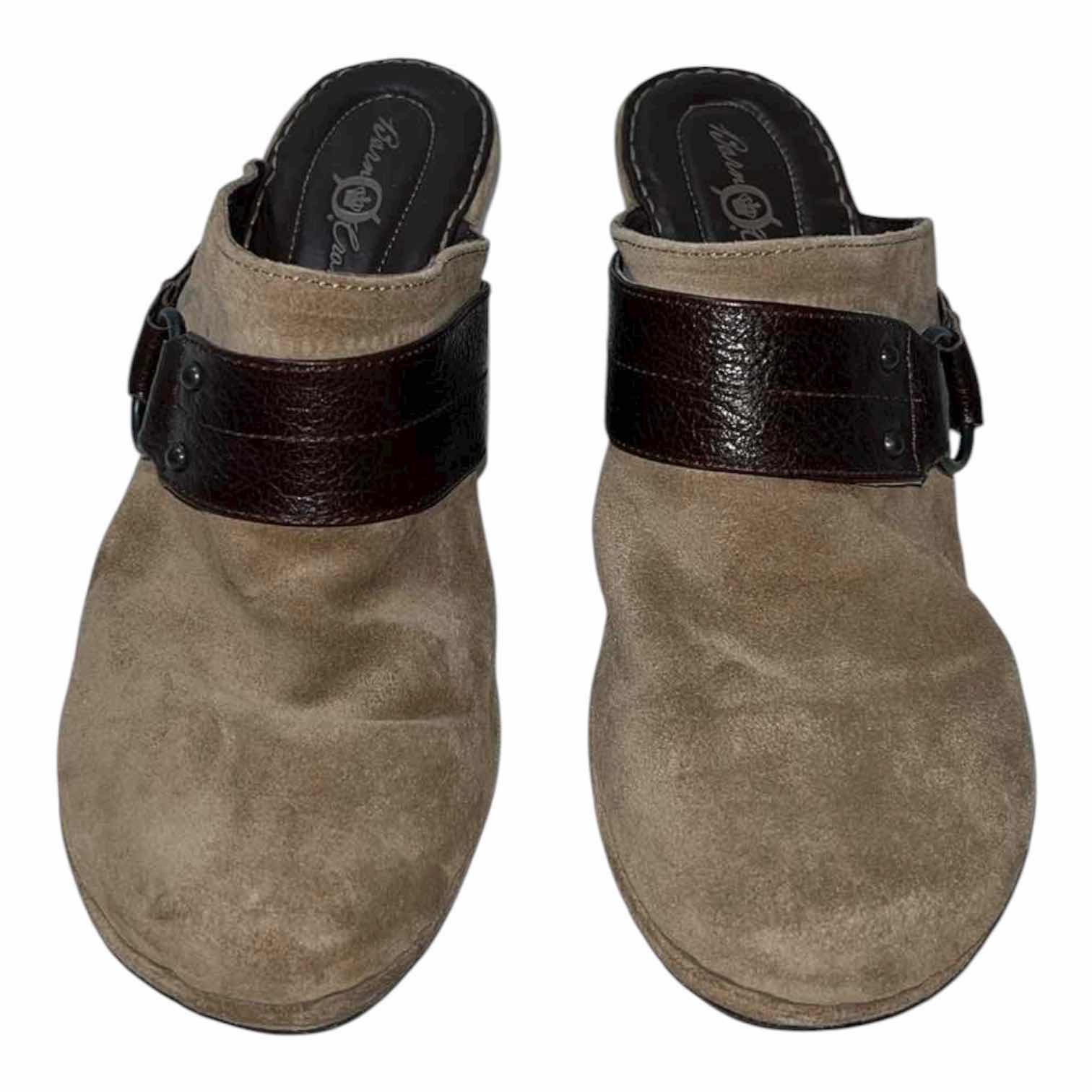 Photo 1 of BORN CROWN TAN HARNESS SUEDE SLIP-ON CLOGS WOMENS SIZE 9