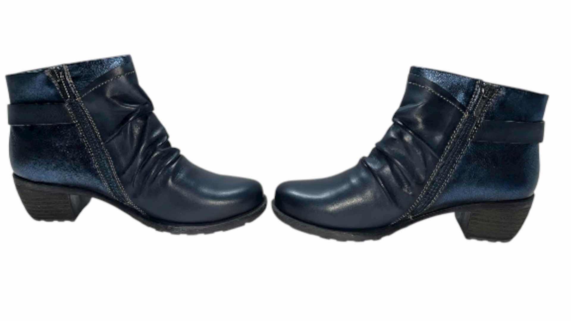 Photo 1 of PIKOLINOS LE MANS NAVY/METALLIC BLUE SLOUCH STACKED HEEL LEATHER ANKLE BOOTS WOMENS SIZE 8