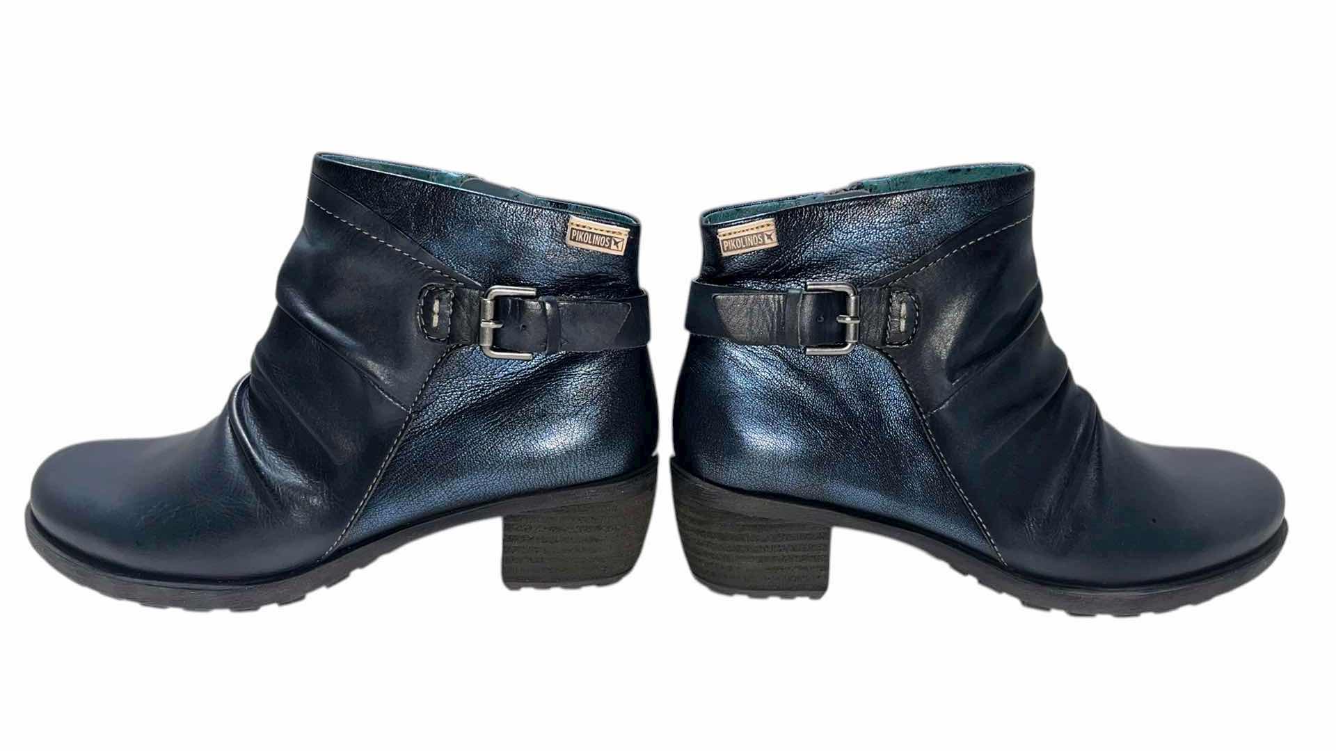 Photo 1 of PIKOLINOS LE MANS NAVY/METALLIC BLUE SLOUCH STACKED HEEL LEATHER ANKLE BOOTS WOMENS SIZE 8