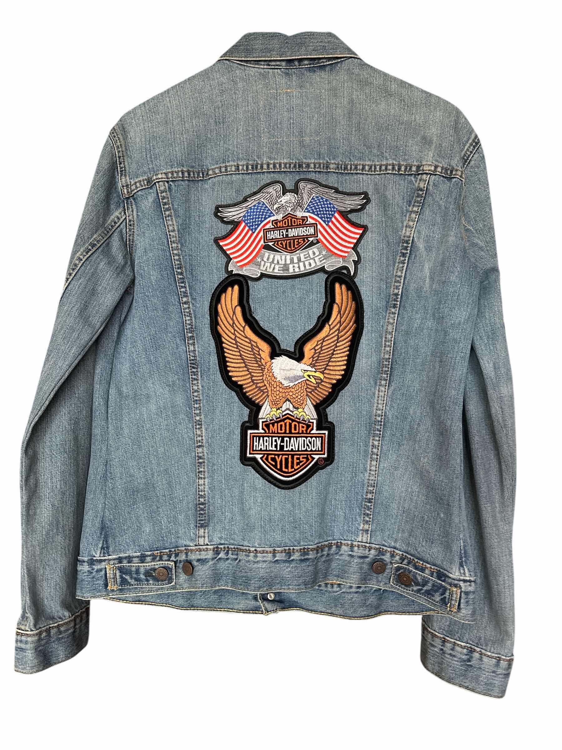 Photo 1 of LEVIS JEAN JACKET WITH HARLEY-DAVIDSON PATCHES SIZE L MENS