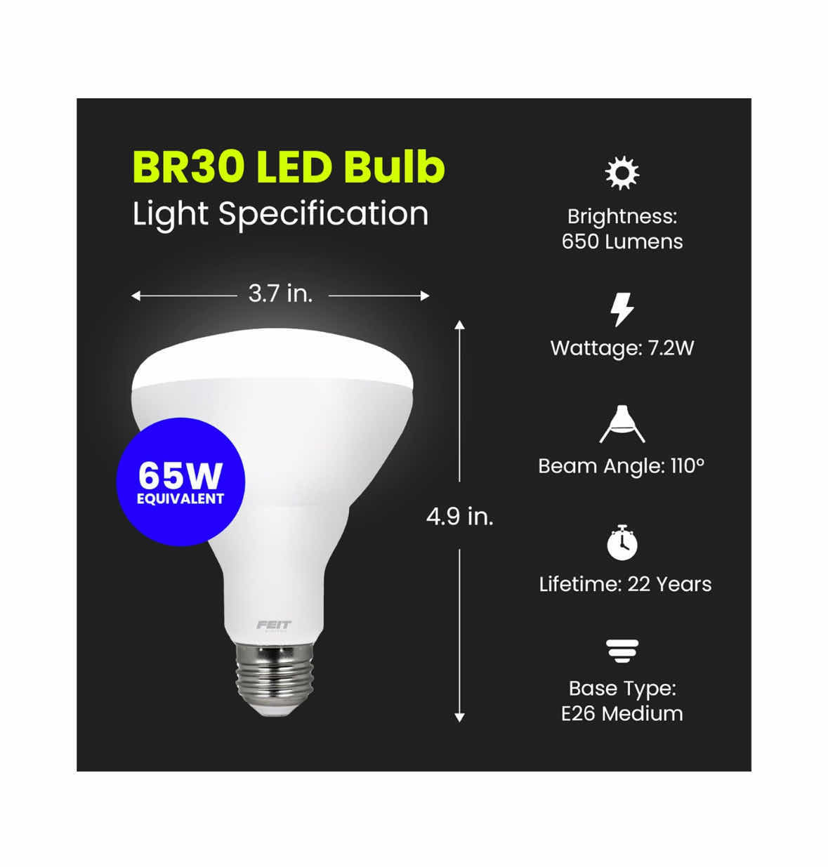 Photo 1 of NEW 4-PACK FEIT ELECTRIC BR30 LED LIGHT BULB, 65 W EQUIVALENT, DIMMABLE, 650 LUMENS, E26 STANDARD BASE, 2700K SOFT WHITE