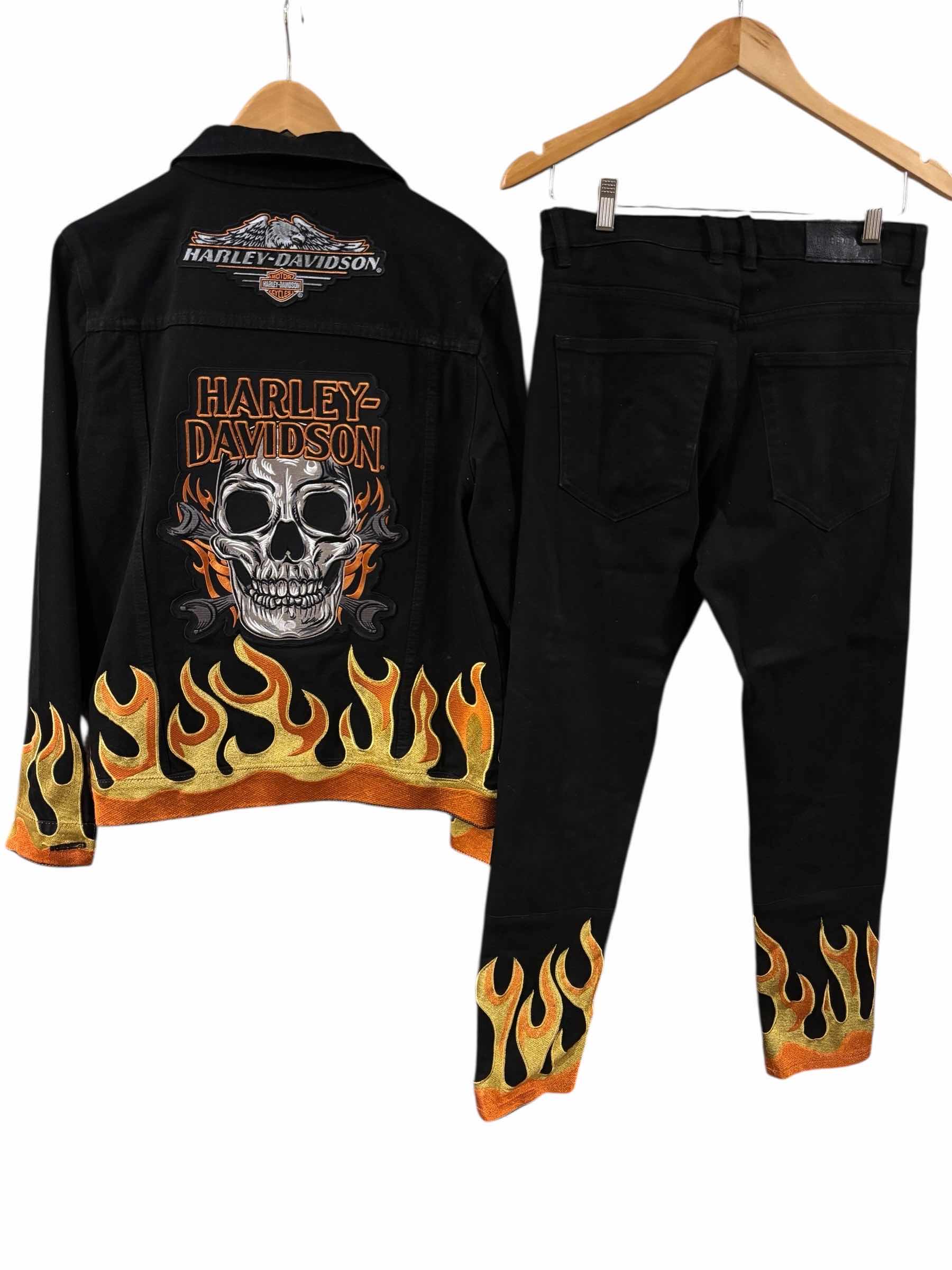 Photo 1 of EMBELLISH BRAND JACKET & JEANS W CUSTOMIZED HARLEY PATCHES, MENS SIZE MEDIUM