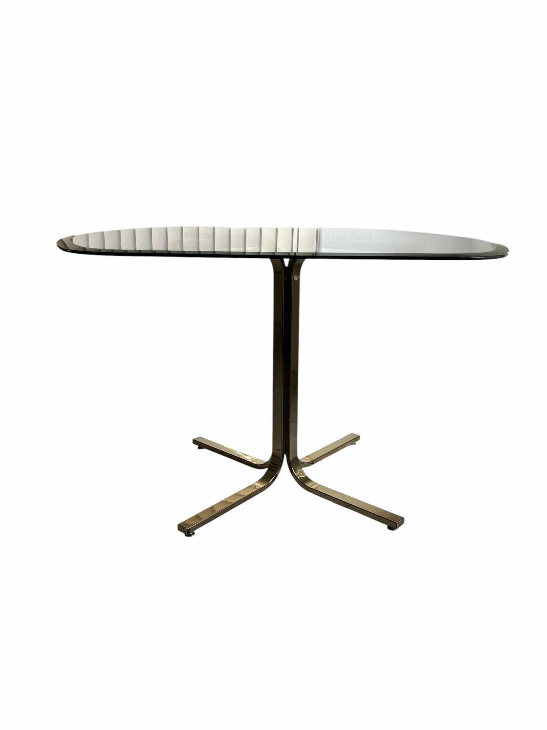 Photo 1 of BRASS FRAMED GLASS TOP TABLE & PASTEL UPHOLSTERED ROLLING 4 CHAIR DINING SET