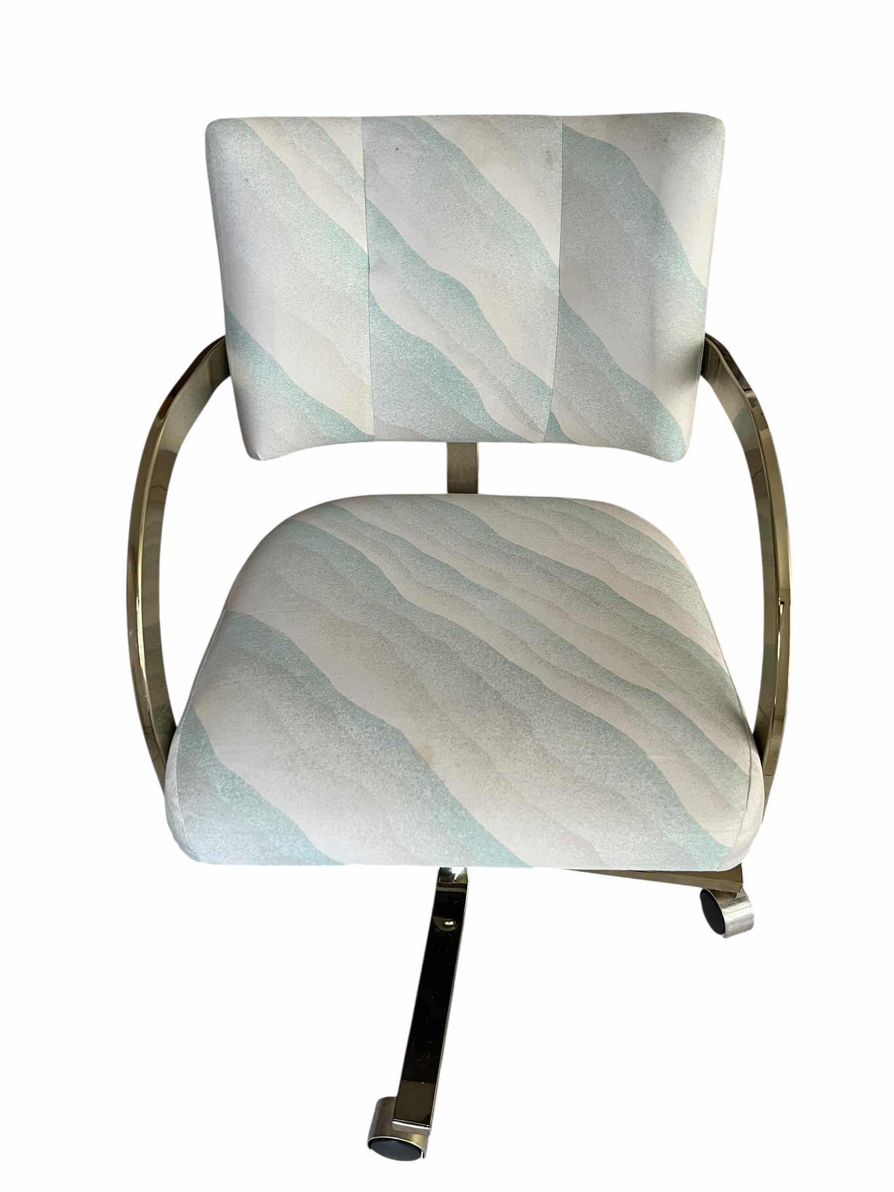 Photo 1 of BRASS FRAMED GLASS TOP TABLE & PASTEL UPHOLSTERED ROLLING 4 CHAIR DINING SET