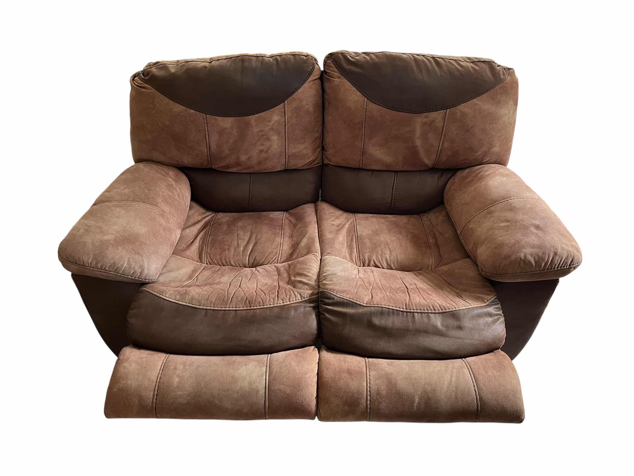 Photo 1 of PORTMAN TWO TONE CHOCOLATE & SADDLE LEATHER DUAL RECLINING BROWN LEATHER LOVESEAT 66“ X 40“ H39”
