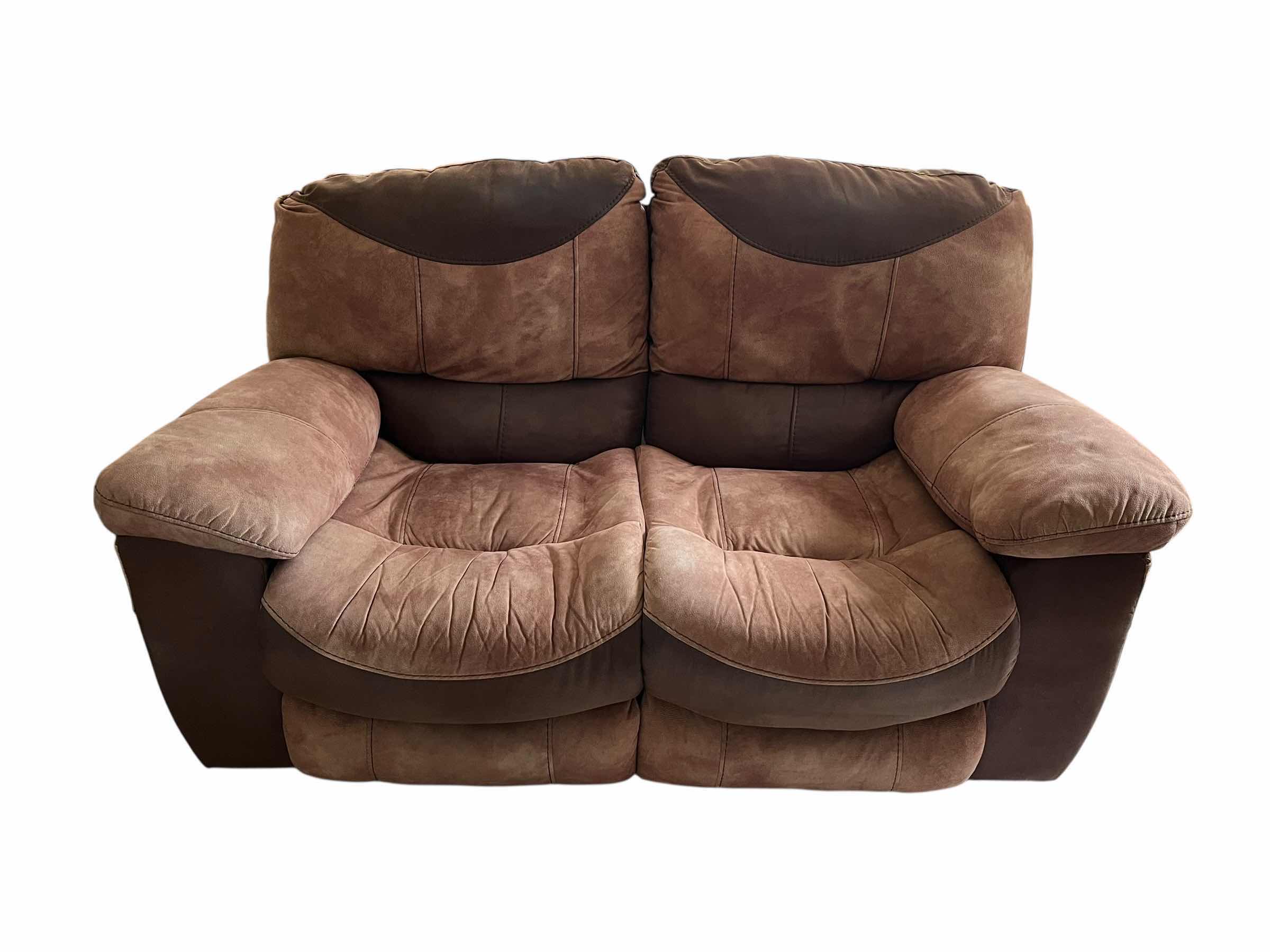 Photo 1 of PORTMAN TWO TONE CHOCOLATE & SADDLE LEATHER DUAL RECLINING BROWN LEATHER LOVESEAT 66“ X 40“ H39”