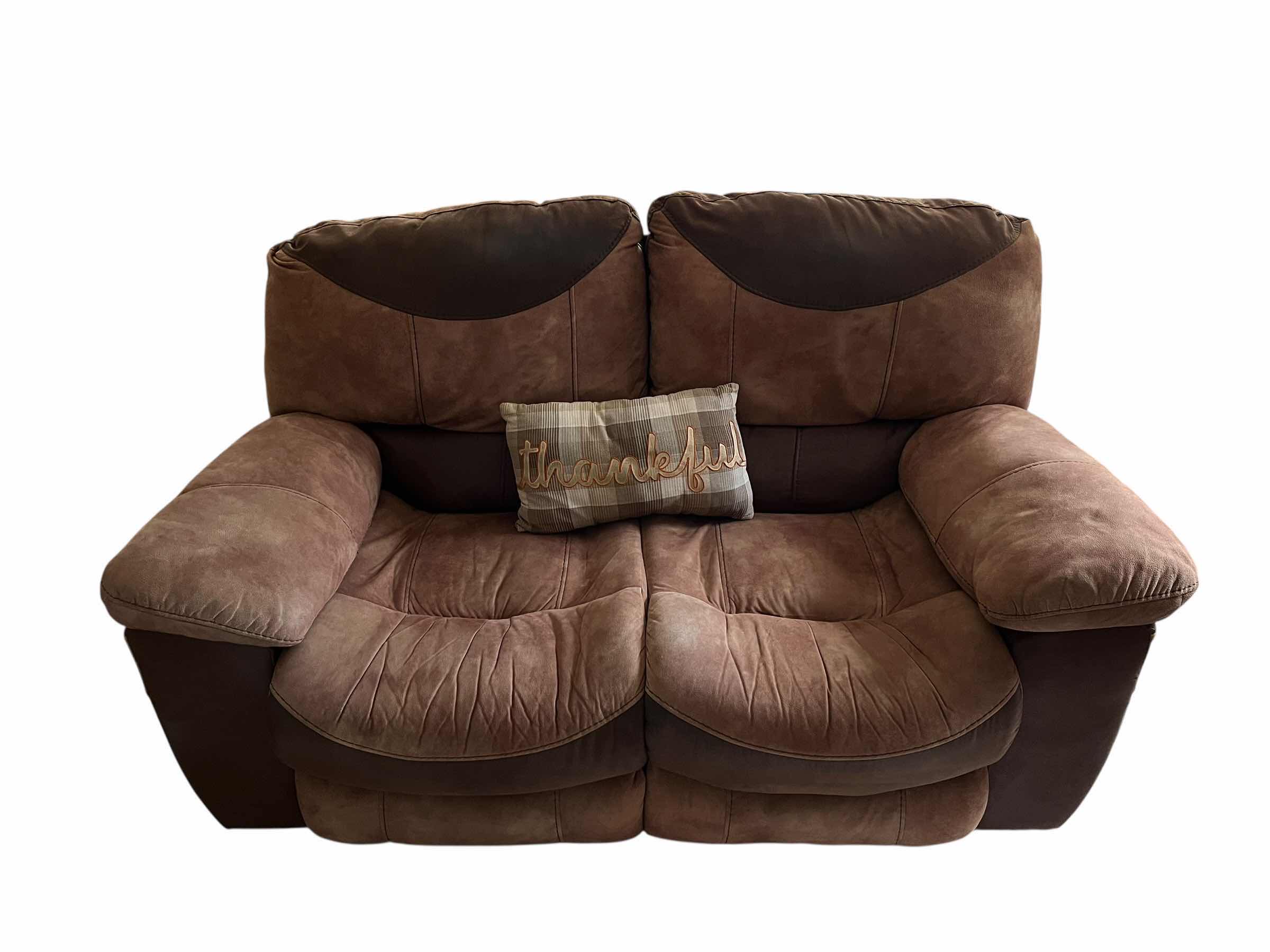 Photo 1 of PORTMAN TWO TONE CHOCOLATE & SADDLE LEATHER DUAL RECLINING BROWN LEATHER LOVESEAT 66“ X 40“ H39”