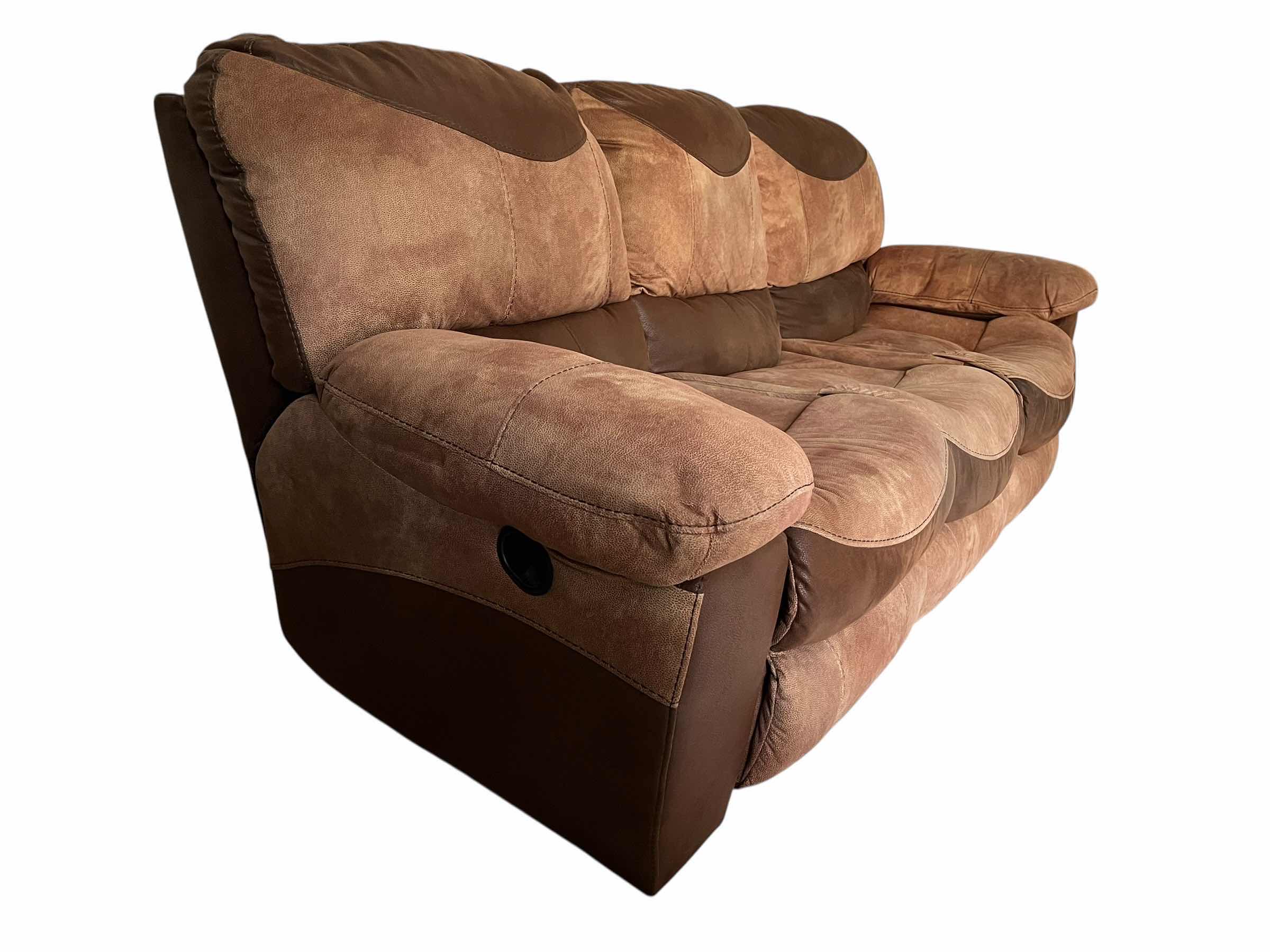 Photo 1 of PORTMAN TWO TONE CHOCOLATE & SADDLE LEATHER DUAL RECLINING BROWN LEATHER SOFA 92” X 40” H39”