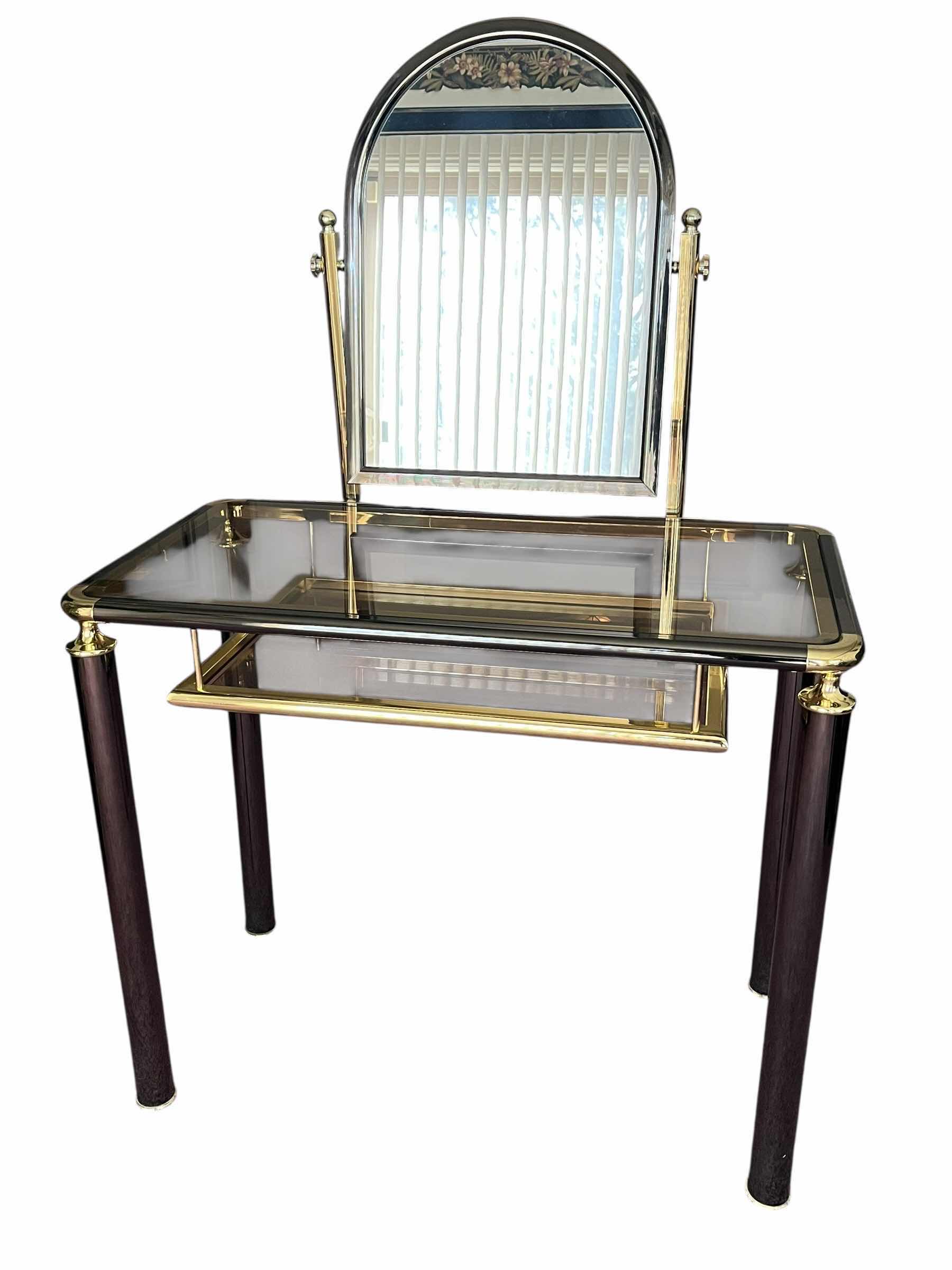 Photo 1 of MID-CENTURY BLACK CHROME & BRASS GLASS TOP VANITY DRESSING TABLE 35” X 20” H53”