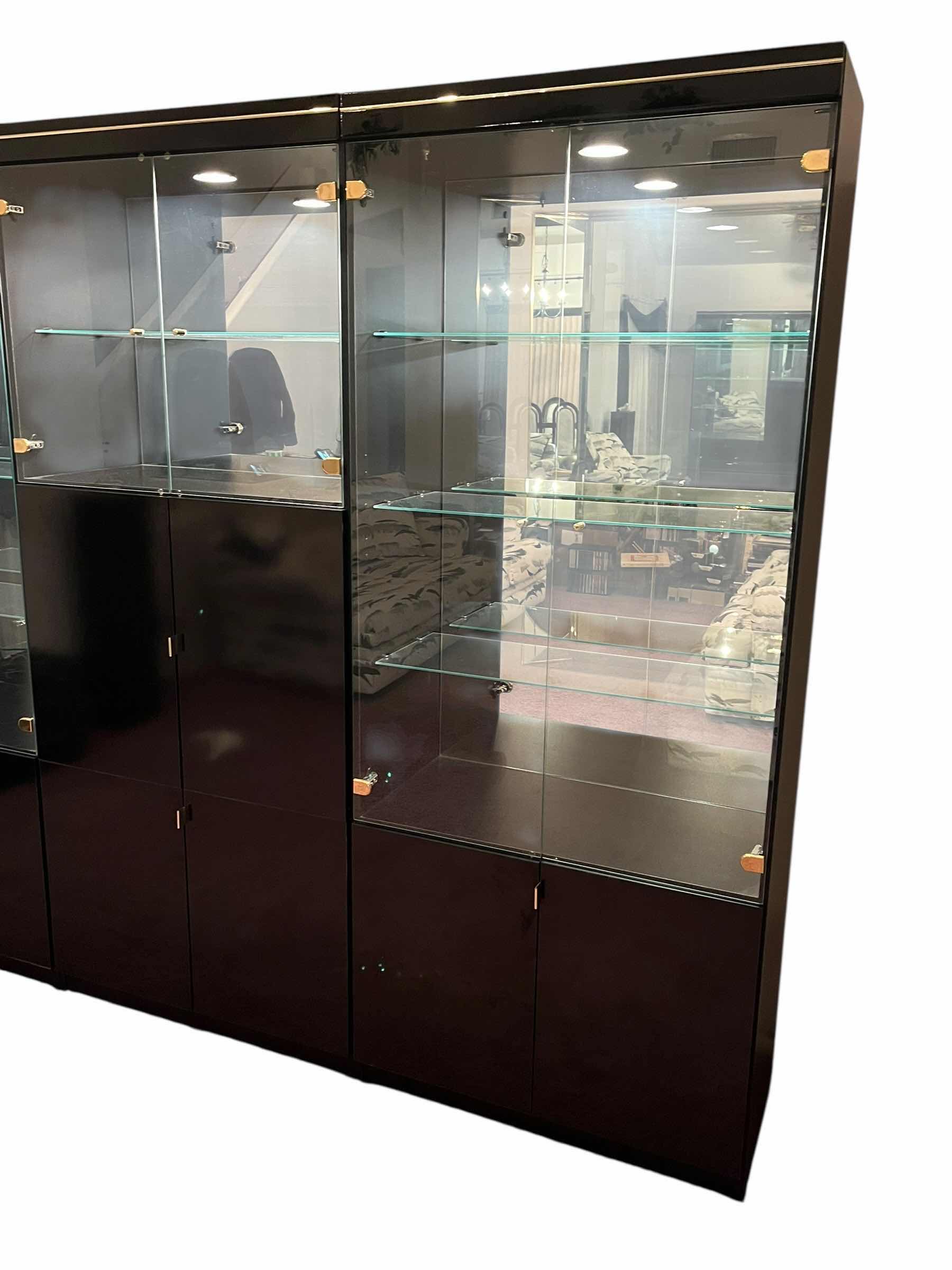 Photo 1 of ITALIAN BLACK LAMINATE BRASS ACCENTED 3PC DISPLAY MEDIA WALL UNIT 97” X 16.5” H77.5”