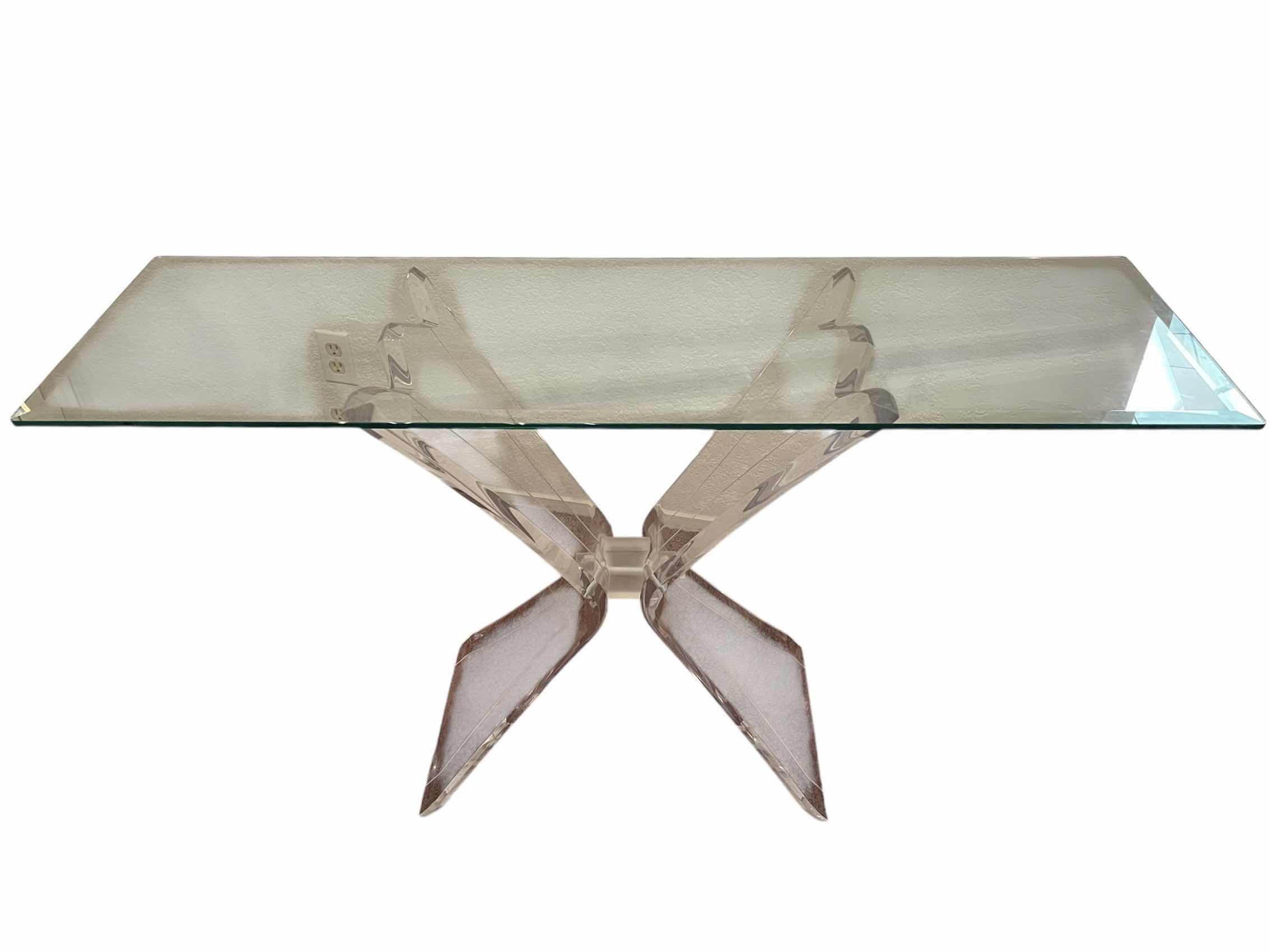 Photo 1 of LUCITE BUTTERFLY CLEAR ACRYLIC BASE GLASS TOP CONSOLE TABLE 52” X 16” H29”