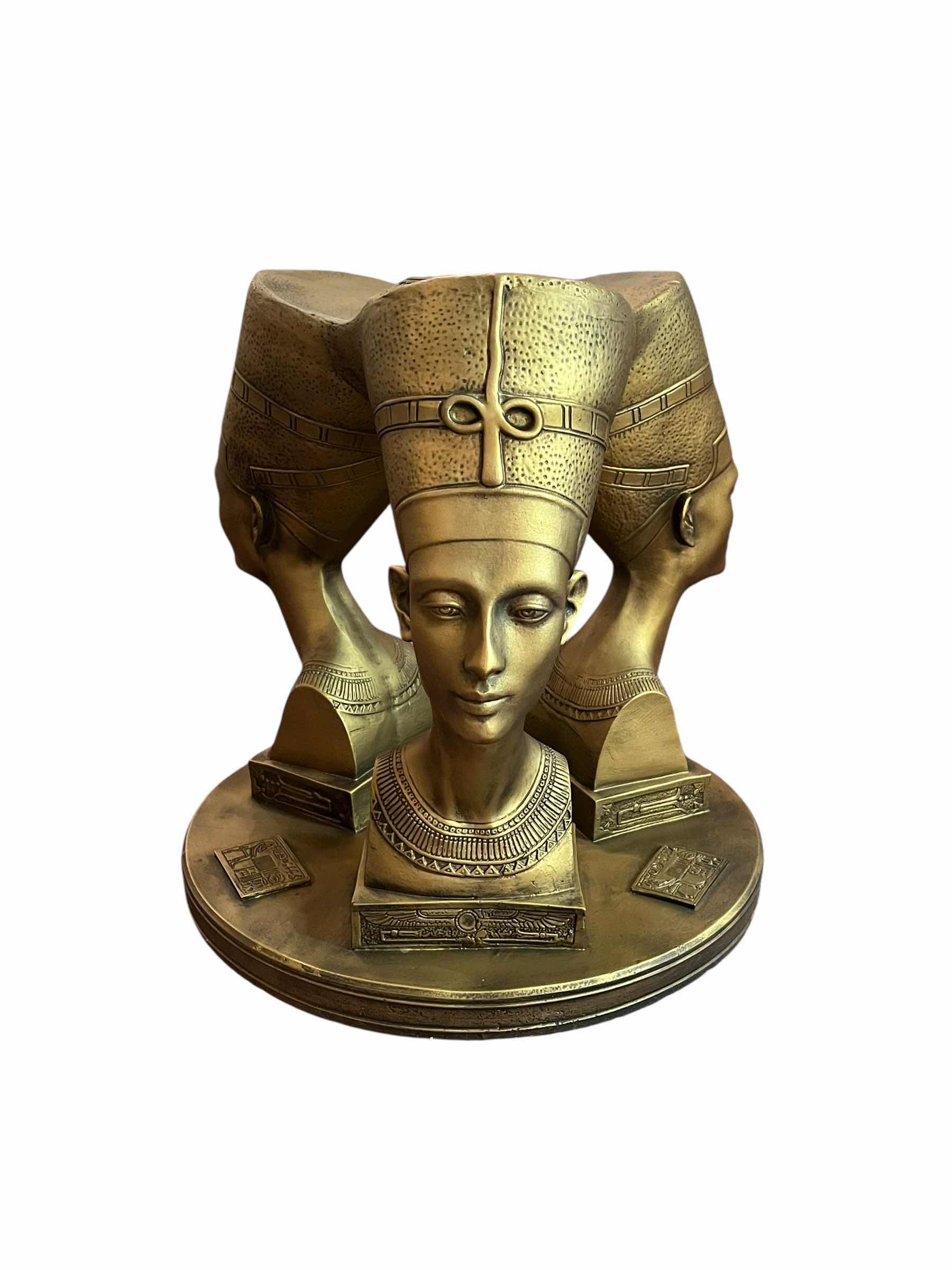 Photo 1 of EGYPTIAN QUEEN NEFERTITI TRIPLE BUST RESIN BASE ROUND GLASS TOP ACCENT TABLE 24” X 20”