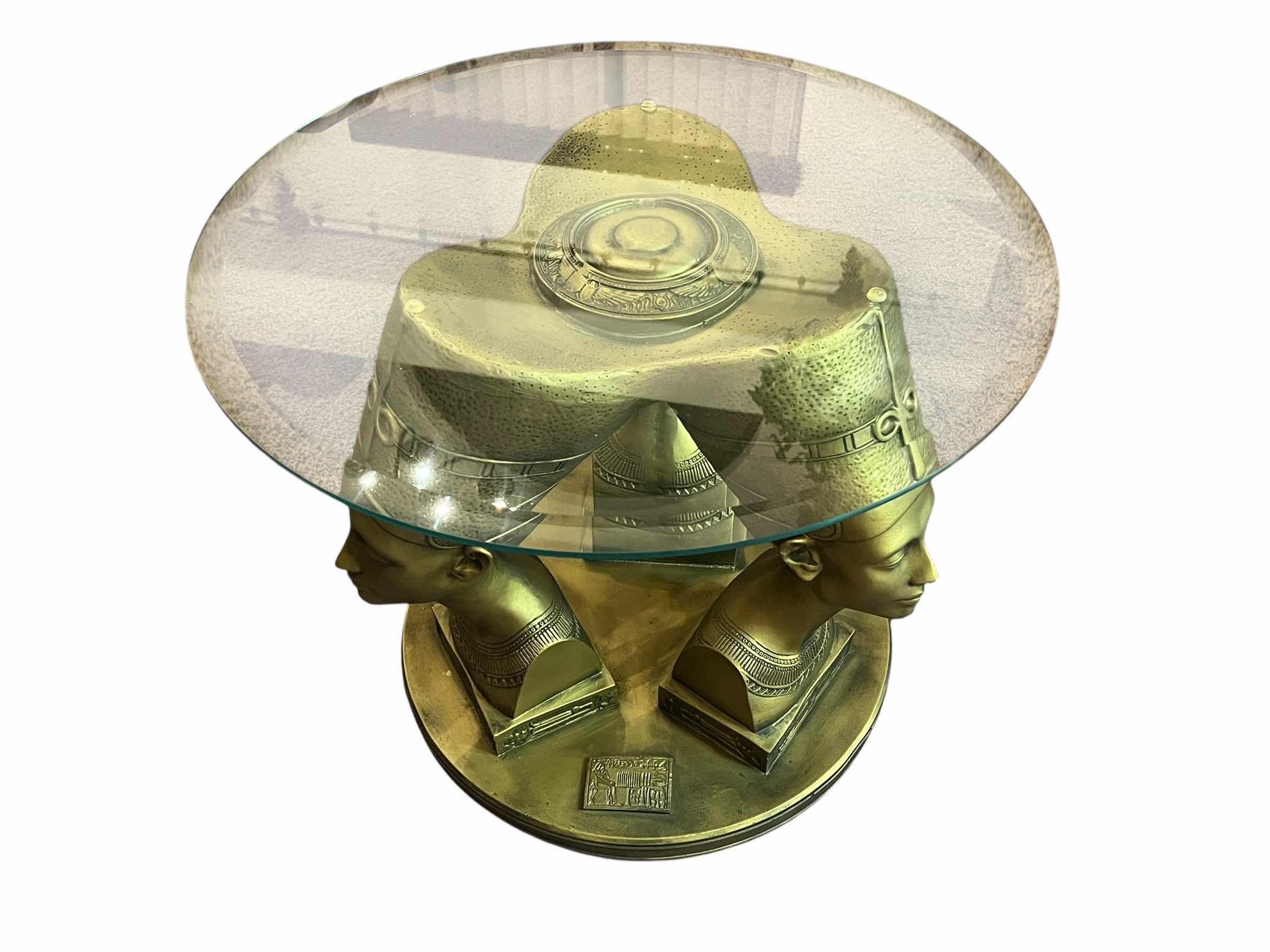 Photo 1 of EGYPTIAN QUEEN NEFERTITI TRIPLE BUST RESIN BASE ROUND GLASS TOP ACCENT TABLE 24” X 20”