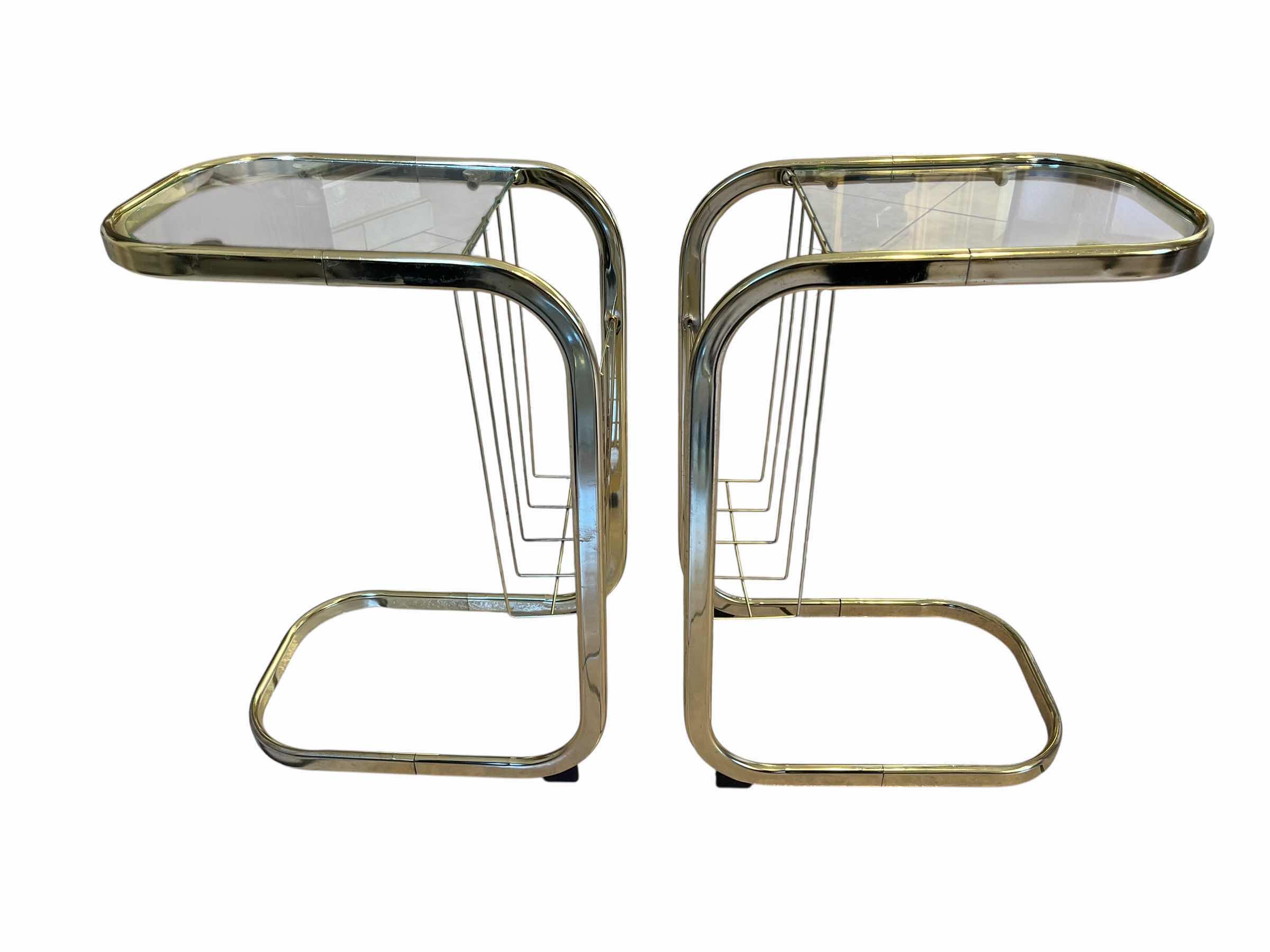Photo 1 of GOLD FINISH GLASS TOP SIDE TABLES W MAGAZINE RACK (2) 10” X 14” H20.5”