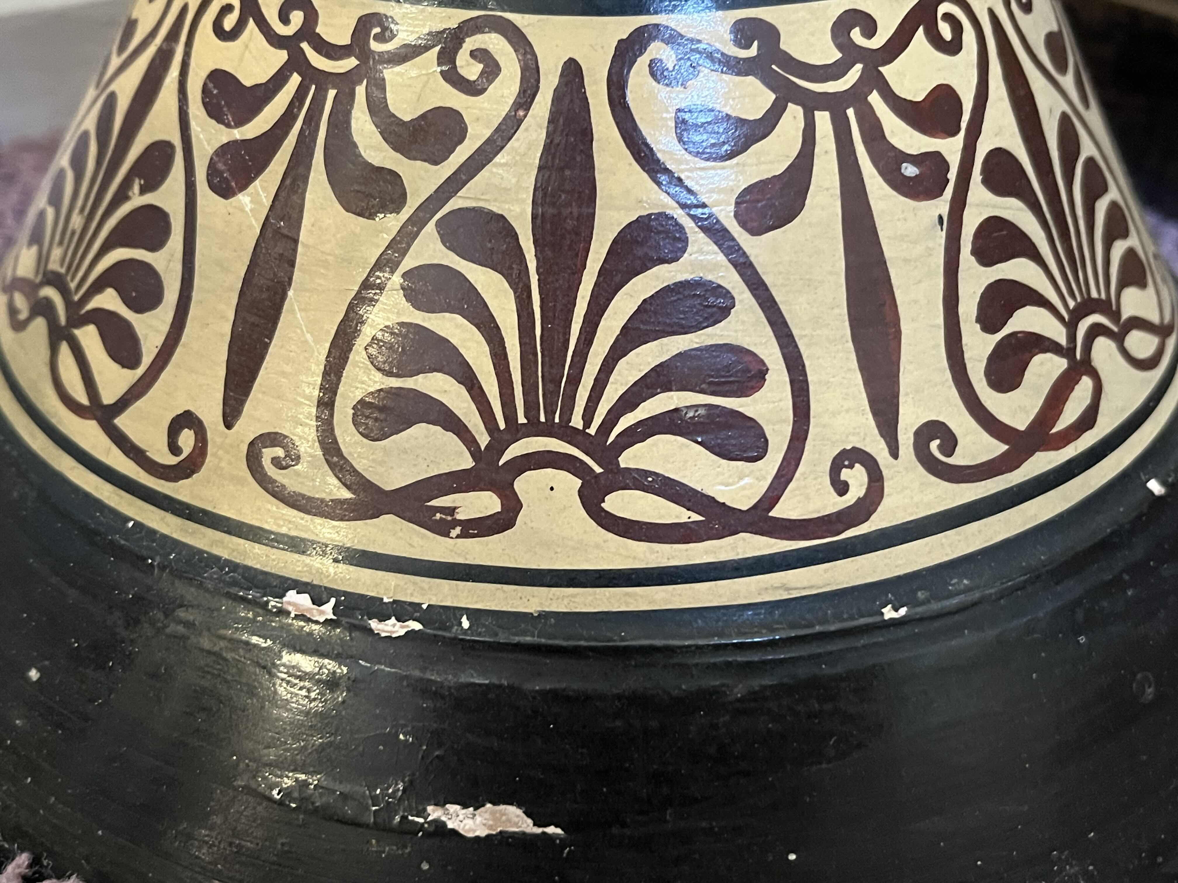 Photo 1 of GREEK HAND PAINTED CERAMIC TERRACOTTA AMPHORA VASE W BAMBOO DECOR, (READ NOTES)