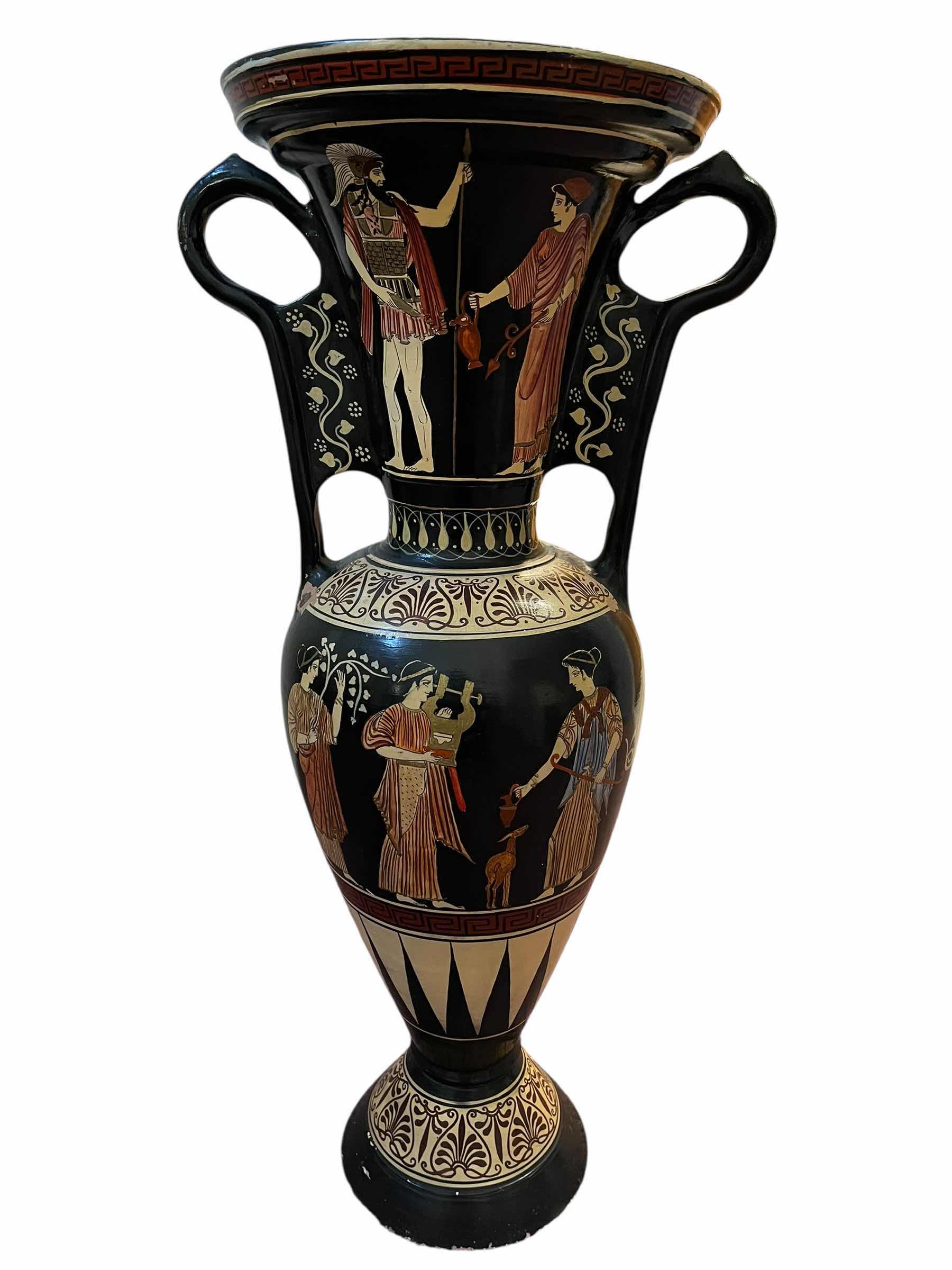 Photo 1 of GREEK HAND PAINTED CERAMIC TERRACOTTA AMPHORA VASE W BAMBOO DECOR, (READ NOTES)