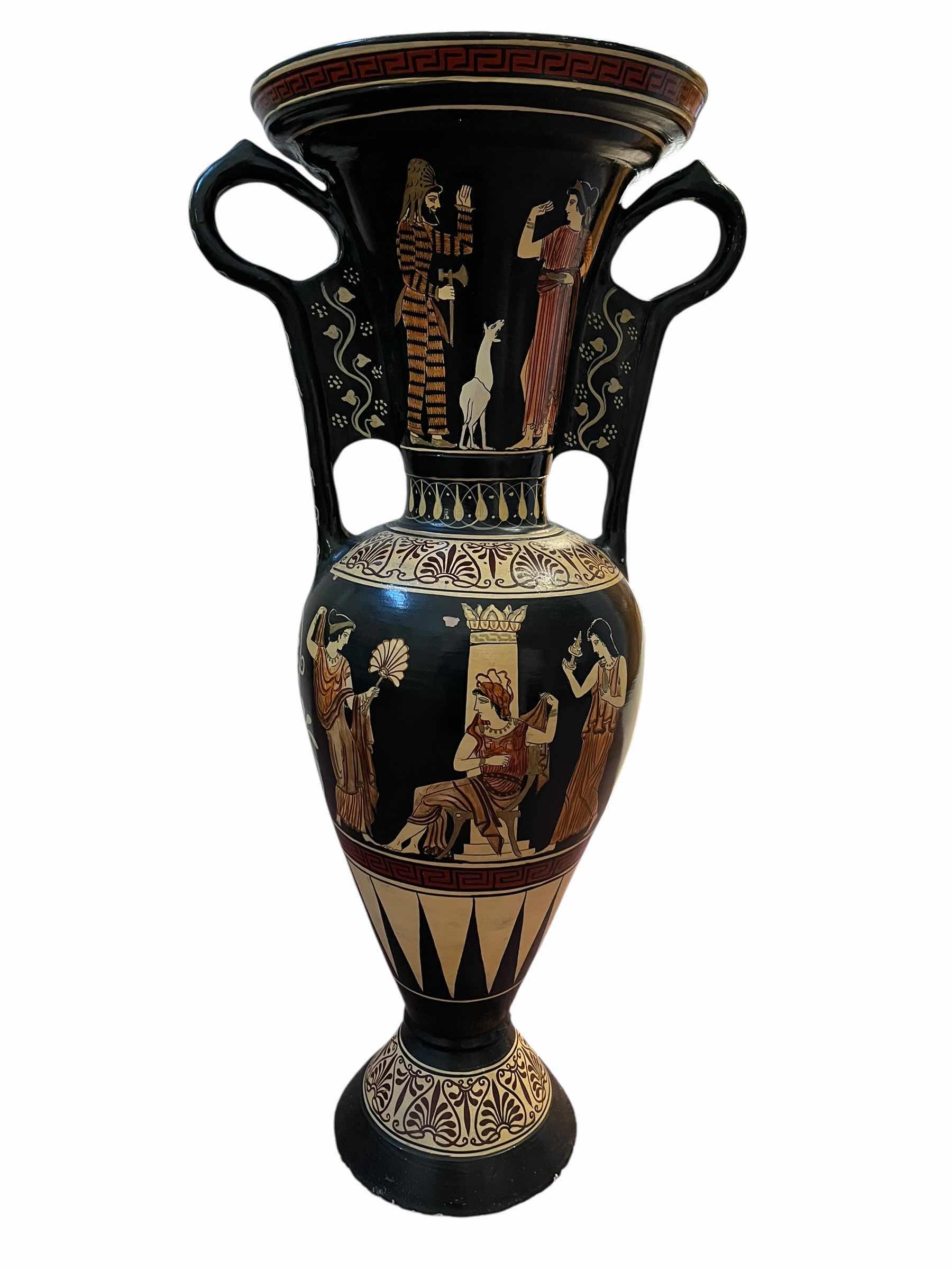 Photo 1 of GREEK HAND PAINTED CERAMIC TERRACOTTA AMPHORA VASE W BAMBOO DECOR, (READ NOTES)