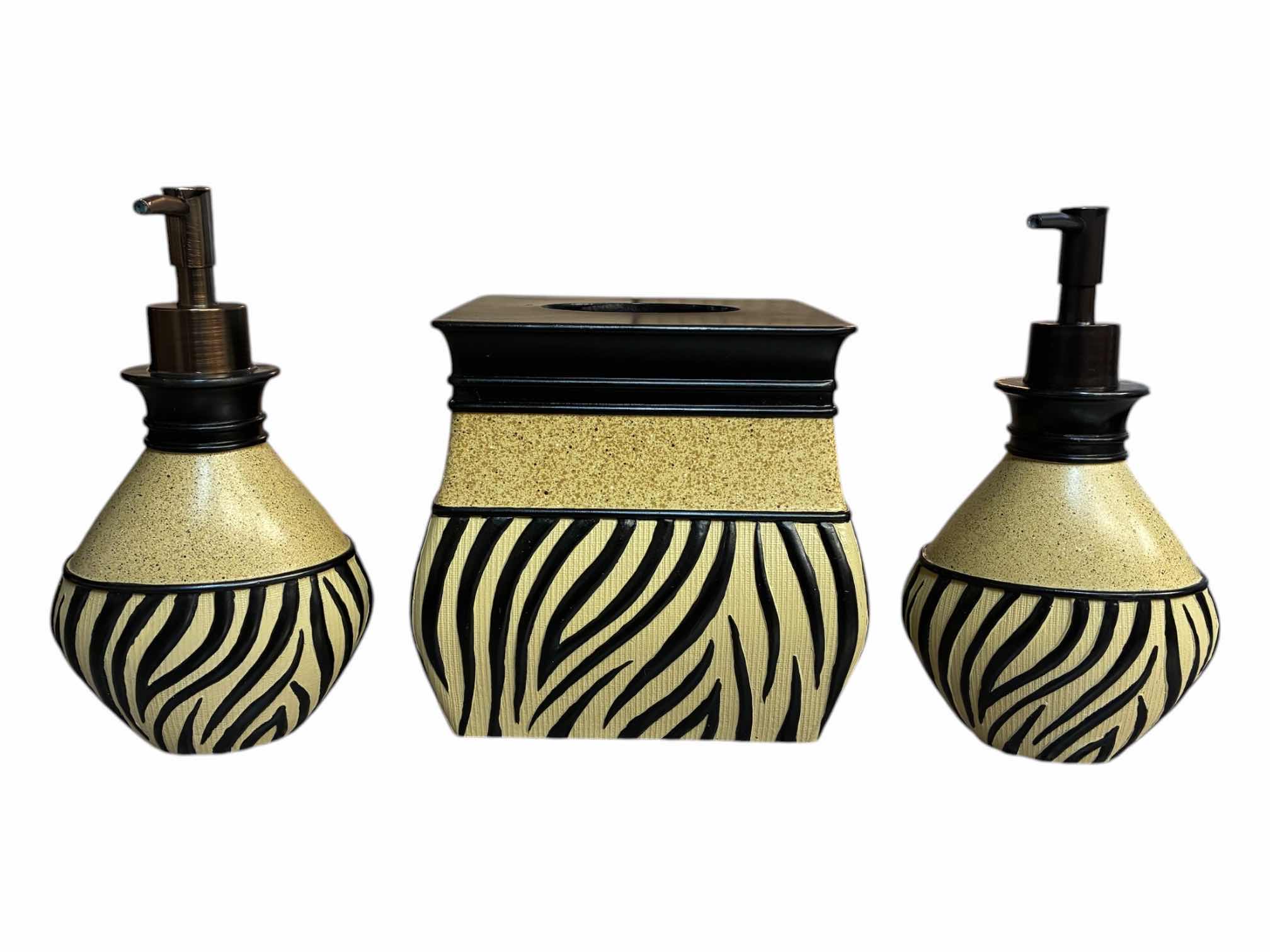 Photo 1 of JESSICA MCCLINTOCK HOME ZEBRA/STONE FINISH SOAP DISPENSERS & TISSUE BOX COVER