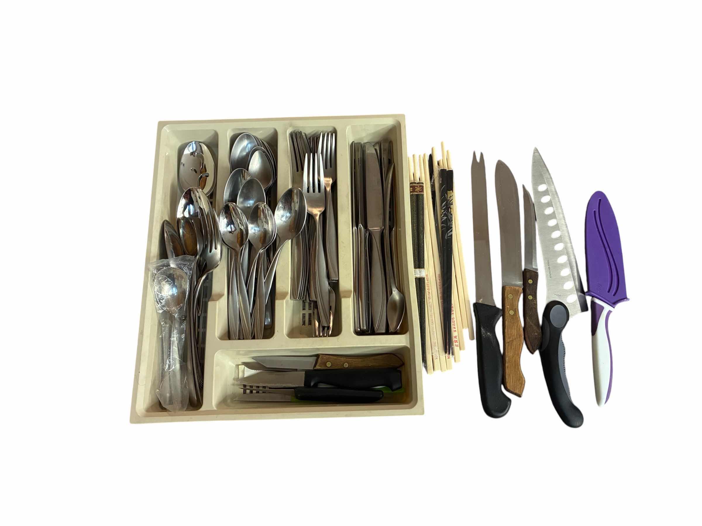 Photo 1 of ONEIDA 18/10 STAINLESS STEEL FLATWARE SET W KITCHEN UTENSILS, CHOPSTICKS & CUTLERY