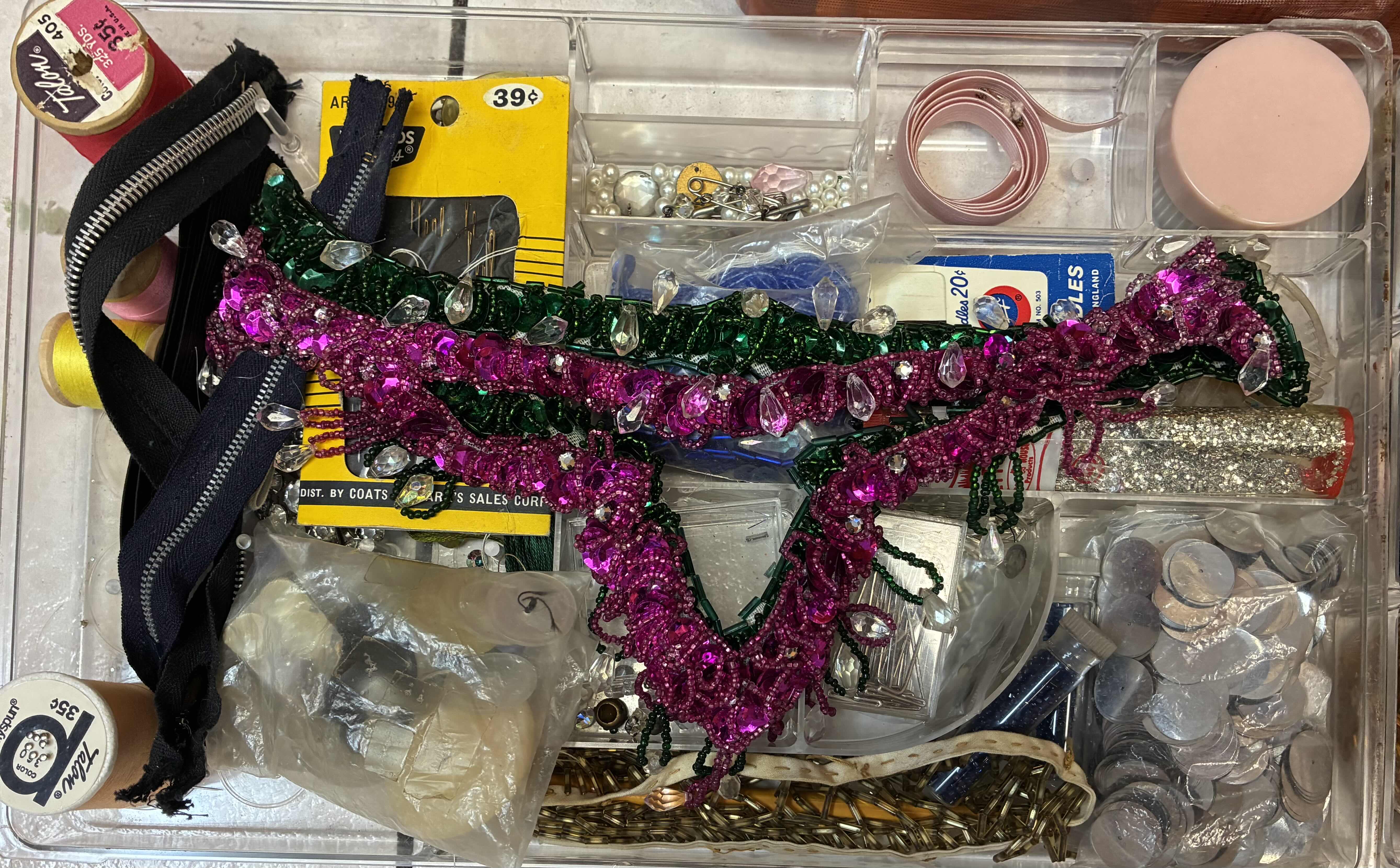 Photo 1 of AMBER TRANSPARENT SEWING ORGANIZING BOX W SEWING MATERIALS