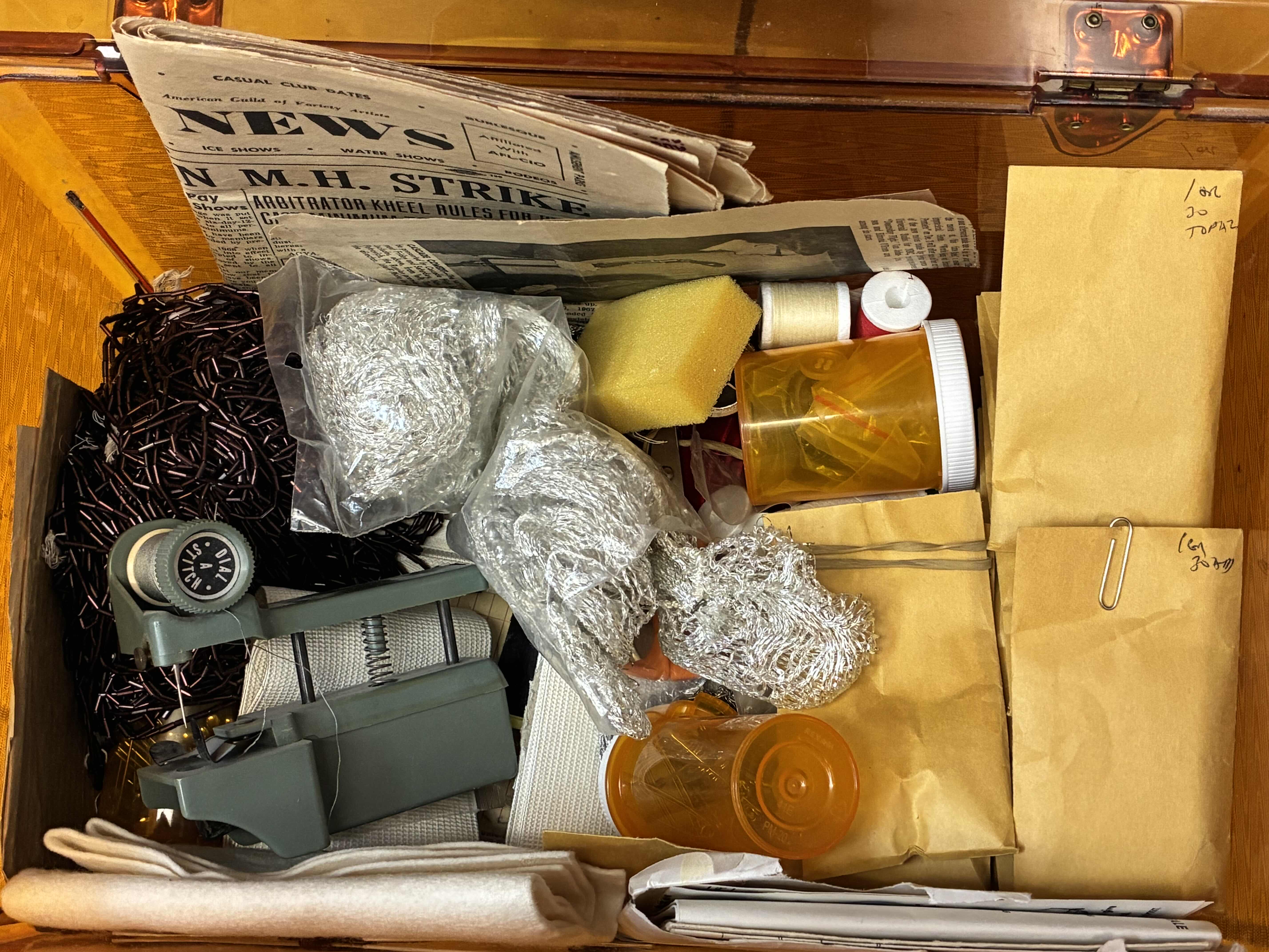 Photo 1 of AMBER TRANSPARENT SEWING ORGANIZING BOX W SEWING MATERIALS