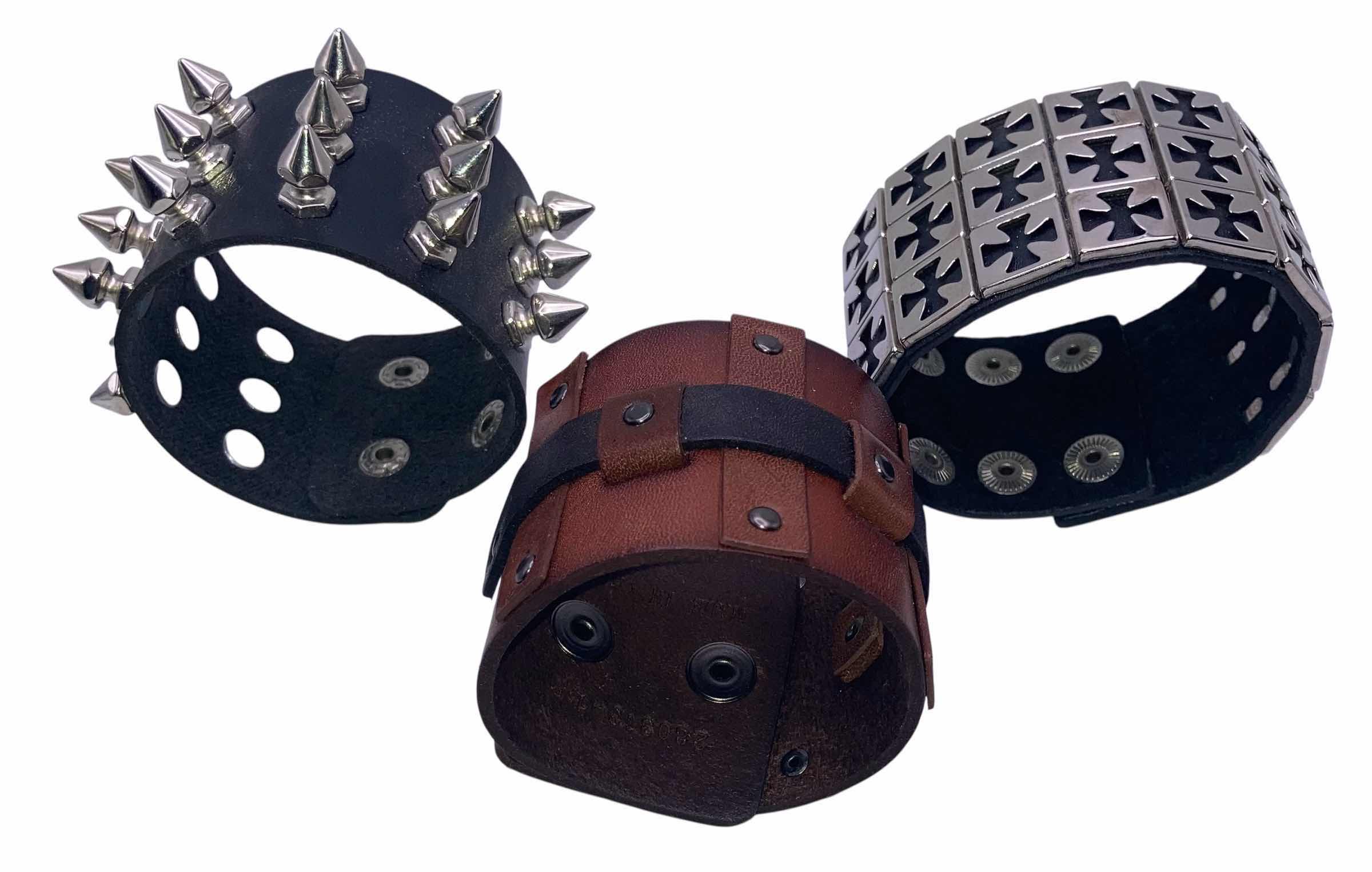 Photo 1 of BLACK & BROWN FAUX LEATHER PUNK ROCK STYLE CUFF BRACELETS (3) $45