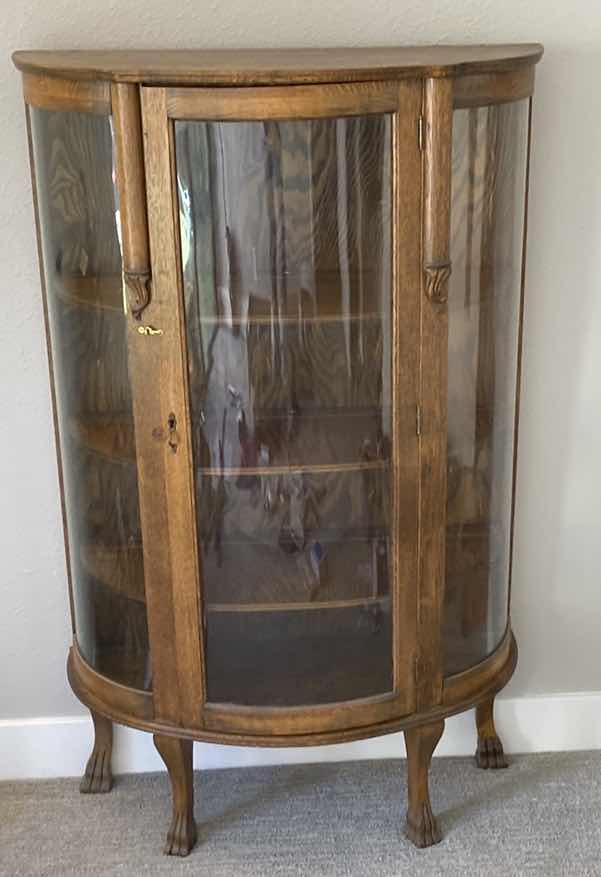 Photo 1 of VINTAGE OAK 3 SHELF DISPLAY CABINET WITH CURVED GLASS 34“ x 14 1/2“ H 56”