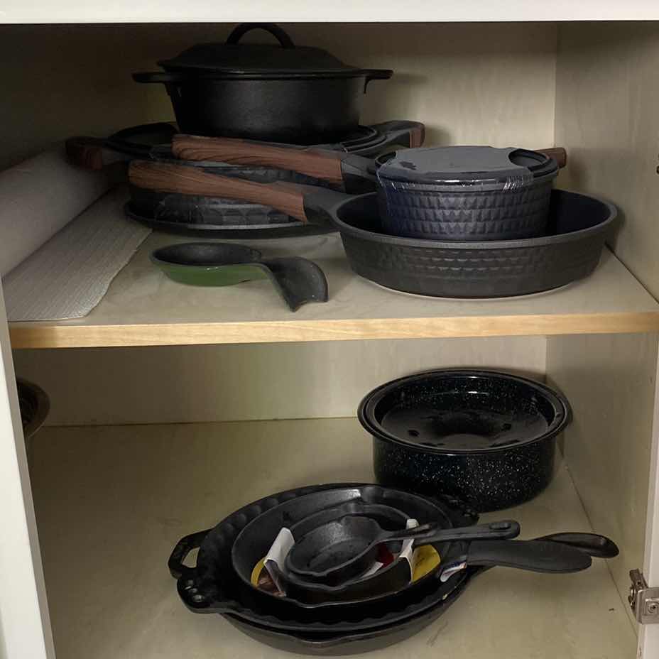 Photo 1 of CONTENTS KITCHEN CABINET CAST IRON PANS AND SMALL ENAMEL ROASTER