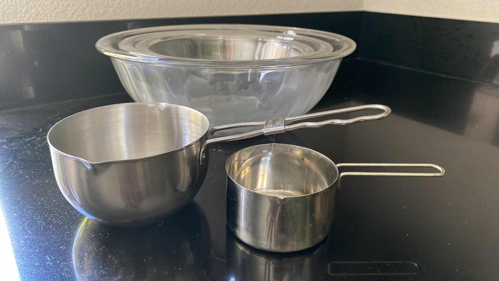 Photo 1 of 3 PYREX GLASS MIXING BOWLS AND METAL CUPS