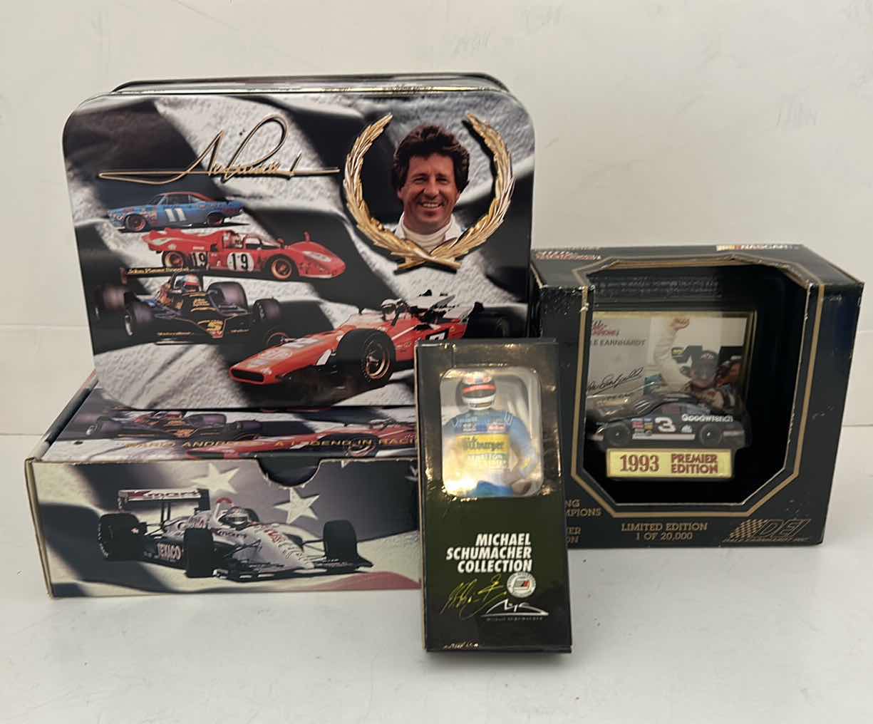 Photo 1 of 3 CAR RACING COLLECTIBLES- MARIO ANDRETTI CARDS IN TIN, MICHAEL SCHUMACHER, DALE EARNHARDT