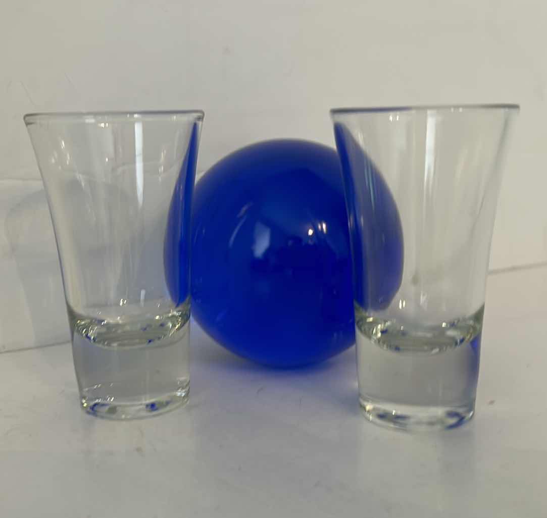 Photo 1 of BLUE GLASS SPHERE AND 2 SHOT GLASSES
