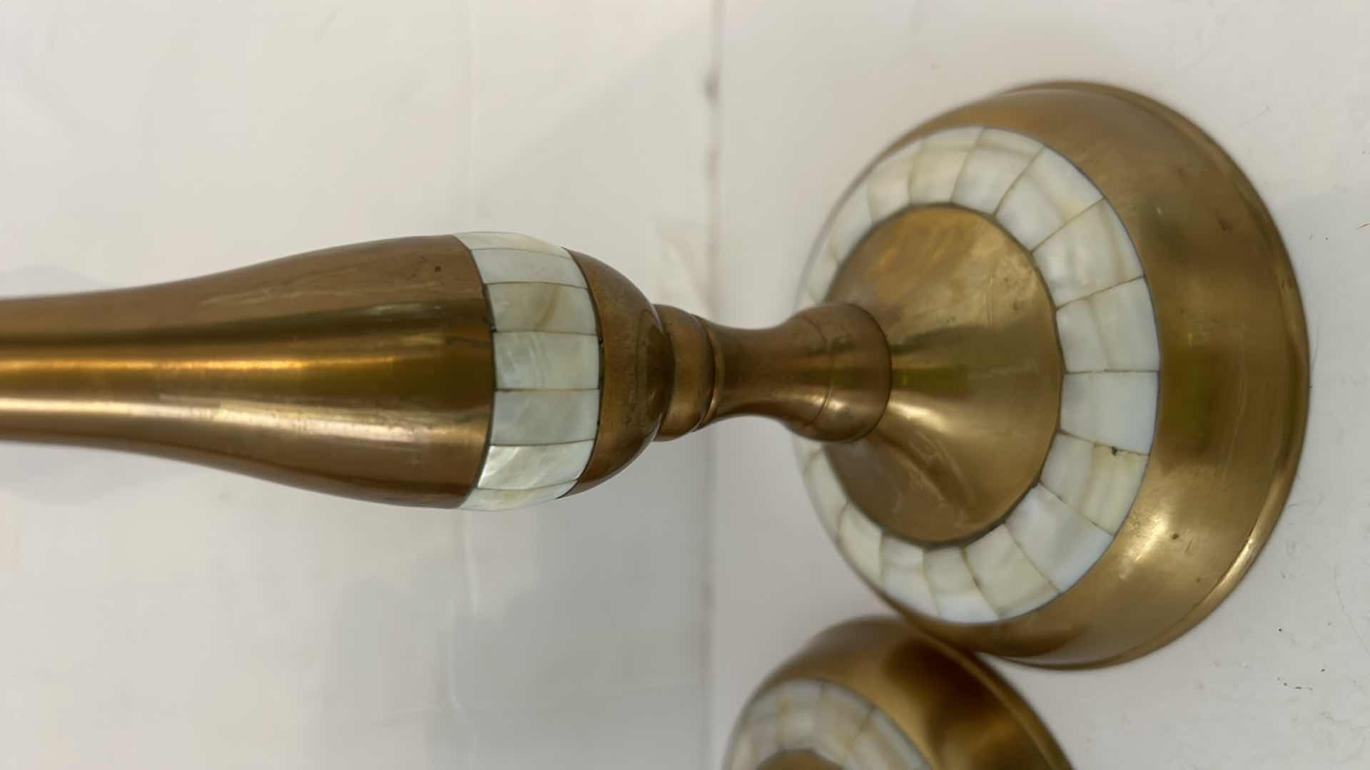 Photo 3 of 2 - VINTAGE BRASS CANDLESTICKS WITH MOTHER OF PEARL INLAY H10”