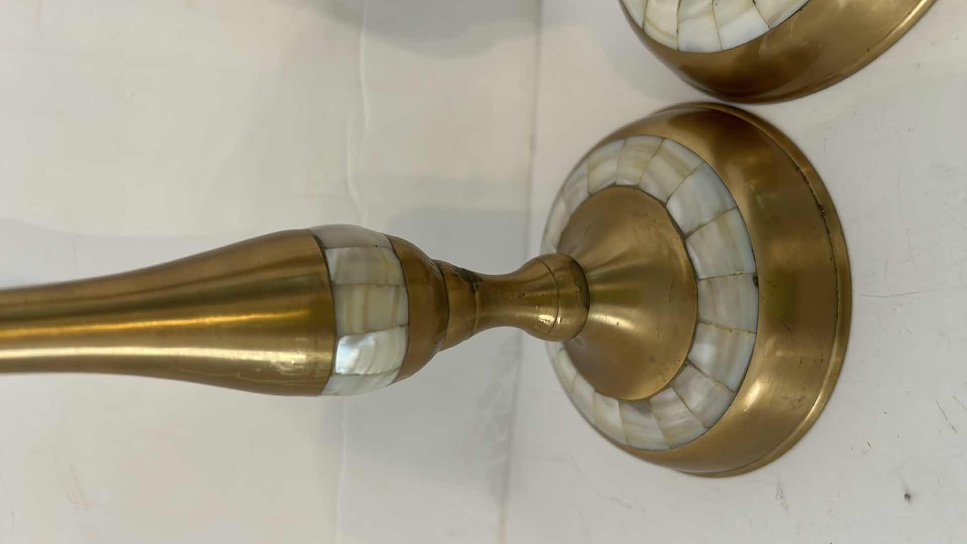 Photo 2 of 2 - VINTAGE BRASS CANDLESTICKS WITH MOTHER OF PEARL INLAY H10”