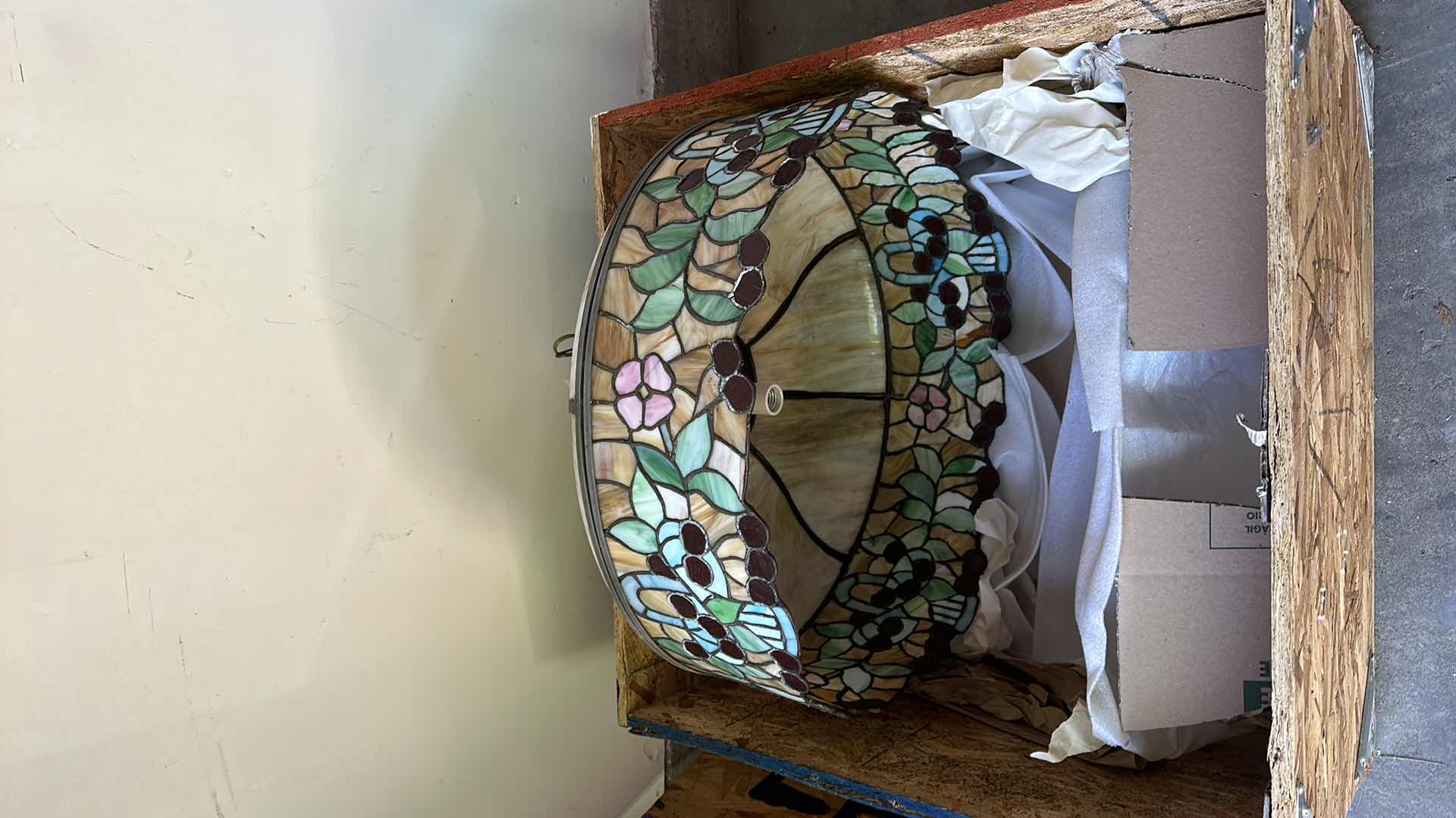 Photo 4 of CIRCA 1900 HANGING TIFFANY STYLE STAINED GLASS LAMP W 8 BENT AMBER GLASS PANELS IN A PANEL CROWN AT TOP, BLUE BASKET W DEEP RED CHERRIES & PINK FLOWER BLOSSOMS (INCLUDES INSURANCE APPRAISAL DONE IN 1992. (24.5” X 14.5”)