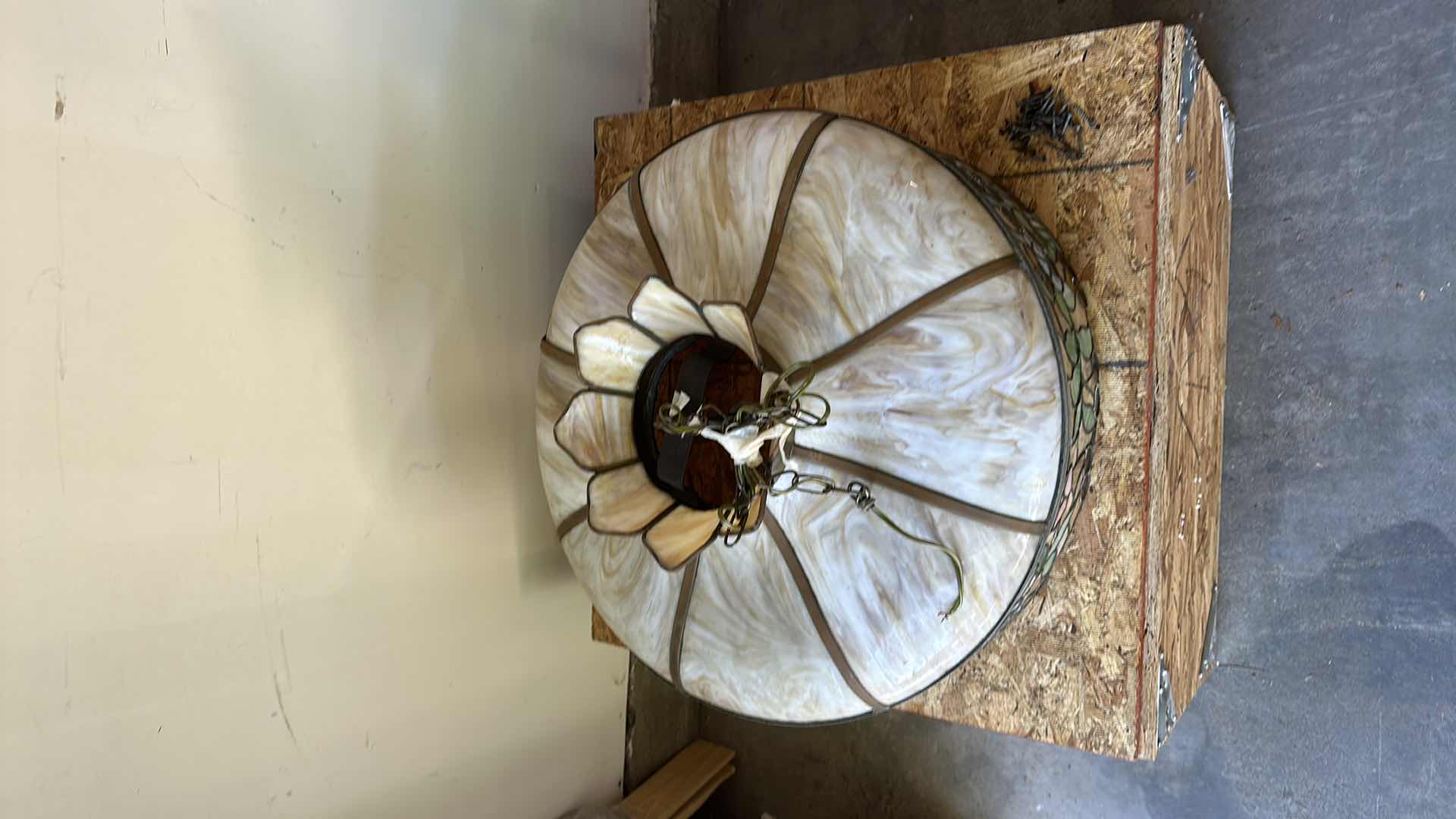 Photo 3 of CIRCA 1900 HANGING TIFFANY STYLE STAINED GLASS LAMP W 8 BENT AMBER GLASS PANELS IN A PANEL CROWN AT TOP, BLUE BASKET W DEEP RED CHERRIES & PINK FLOWER BLOSSOMS (INCLUDES INSURANCE APPRAISAL DONE IN 1992. (24.5” X 14.5”)