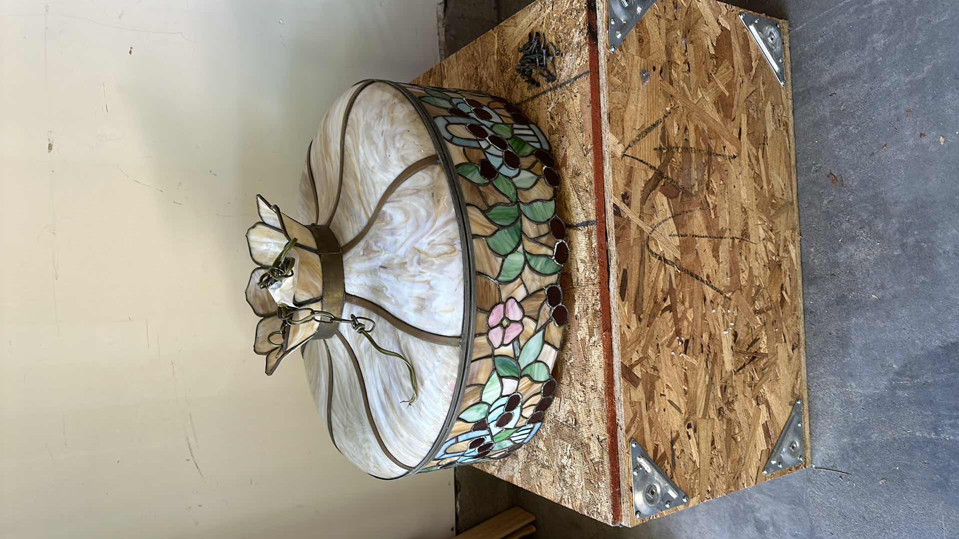 Photo 2 of CIRCA 1900 HANGING TIFFANY STYLE STAINED GLASS LAMP W 8 BENT AMBER GLASS PANELS IN A PANEL CROWN AT TOP, BLUE BASKET W DEEP RED CHERRIES & PINK FLOWER BLOSSOMS (INCLUDES INSURANCE APPRAISAL DONE IN 1992. (24.5” X 14.5”)