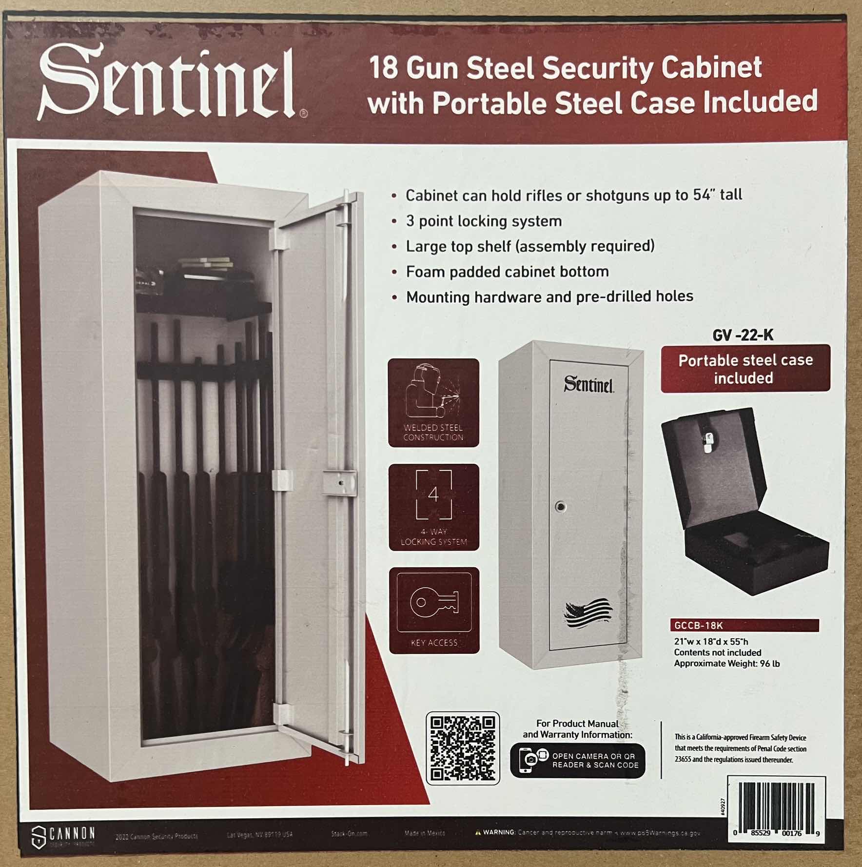 Photo 1 of SENTINEL SECURITY WHITE 12 CU FT CABINET W/ PORTABLE GUN CASE 
96lbs 21” x 18” H55” (18 GUN CAPACITY W 3 POINT LOCKING SYSTEM)