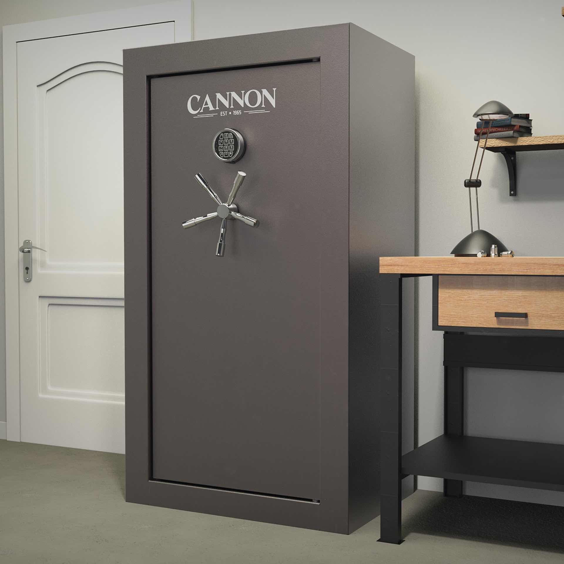 Photo 8 of CANNON FIREPROOF 36 + 4 GUN SECURITY SAFE, ELECTRONIC LOCK W KEY, TRULOCK HINGE, GREY - USED  30” x 20” H55”