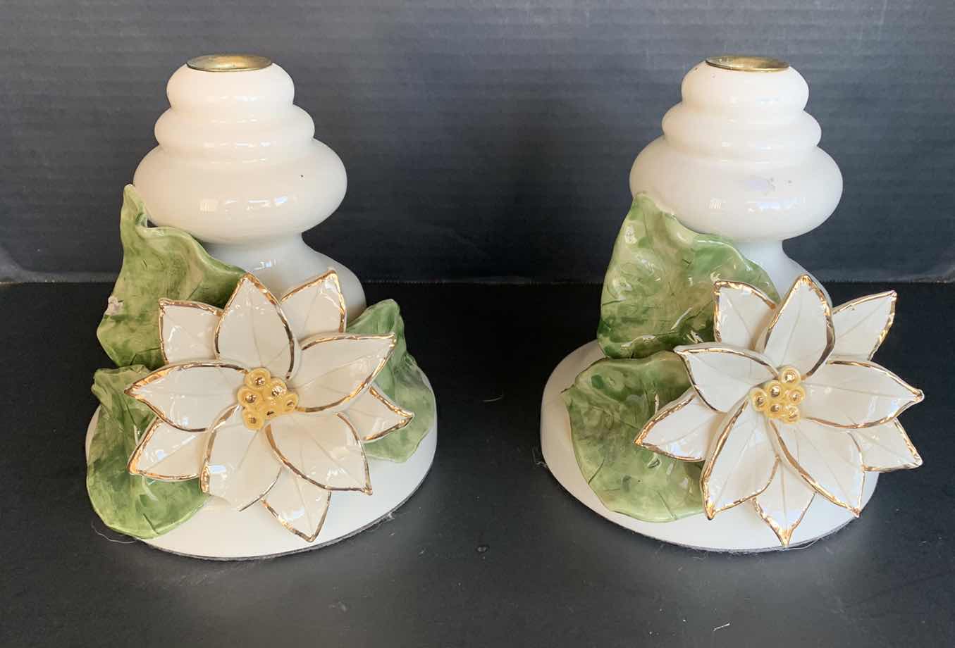 Photo 1 of 2 -WHITE AND GREEN FLOWER PORCELAIN CANDLE HOLDERS 7"