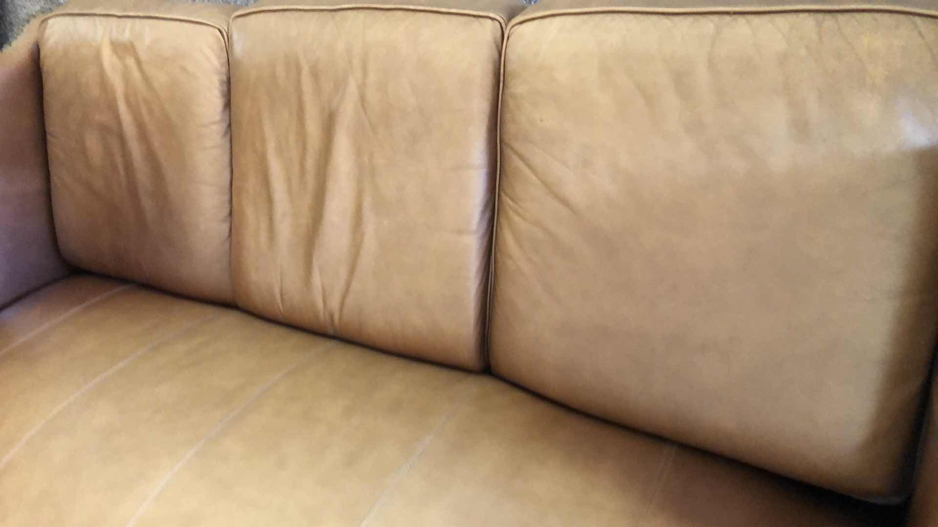 Photo 3 of BROWN LEATHER SOFA W NAIL HEAD TRIM 84” X 38” H 39”