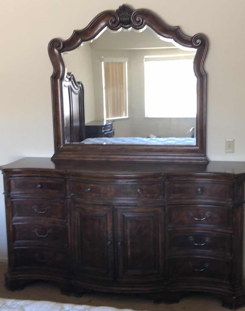 Photo 1 of MAHOGANY DRESSER W MIRROR AND DOVETAIL DRAWERS 76” X 21”  88”