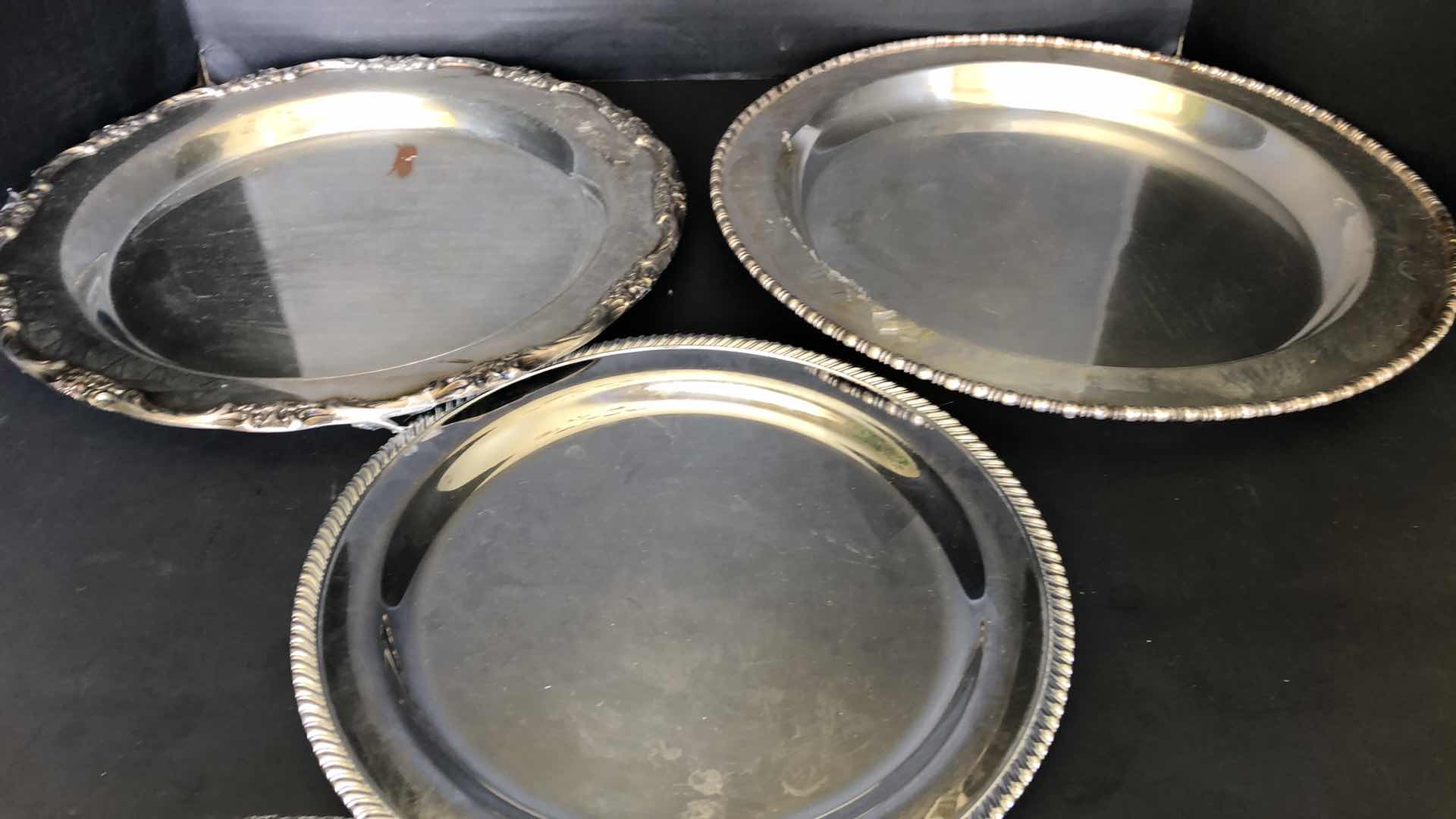 Photo 1 of 3-SILVER PLATED SERVING PLATES LARGEST IS 14” DIAMETER