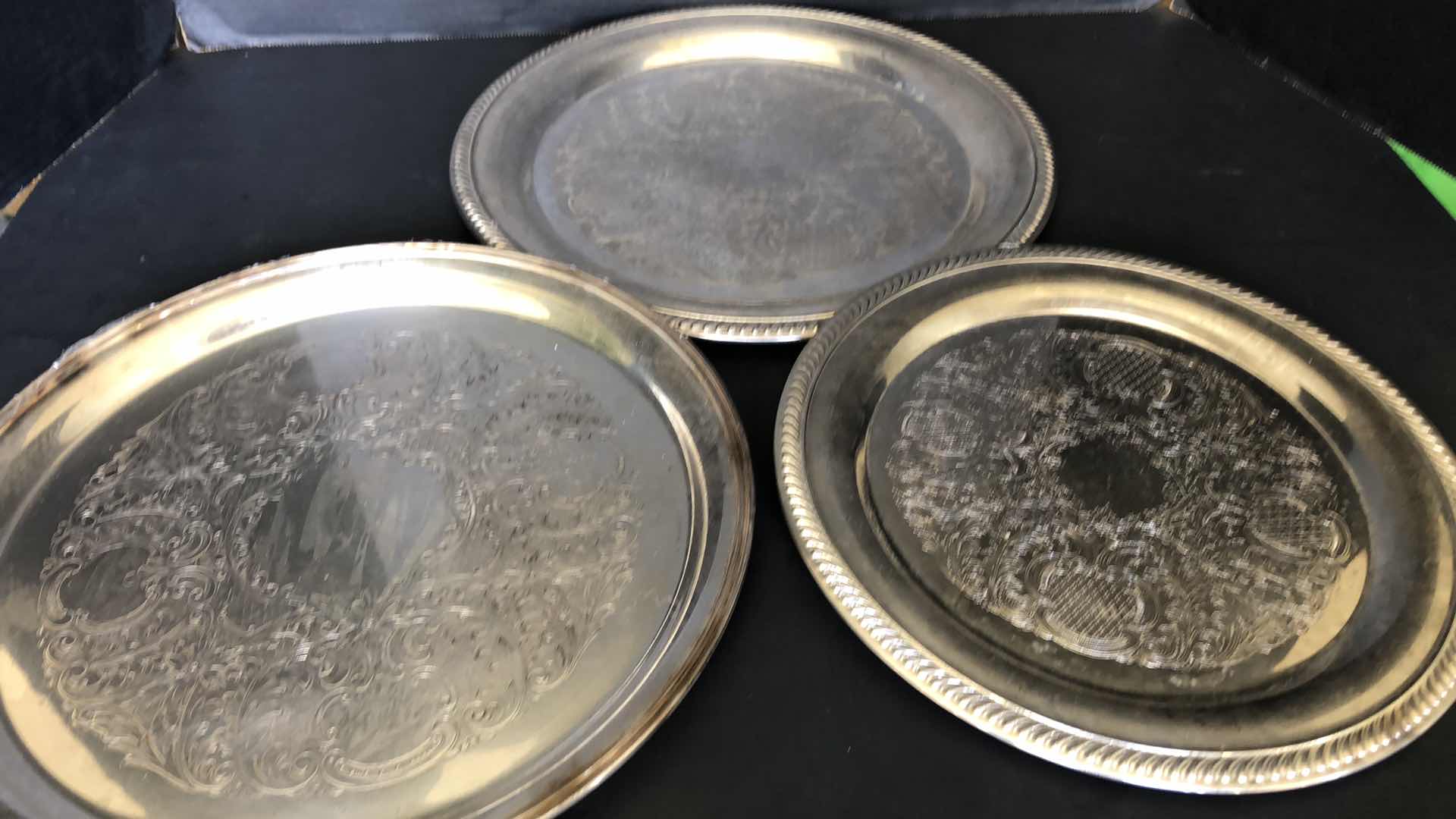 Photo 1 of 3-SILVER PLATED SERVING PLATES LARGEST IS 12” DIAMETER