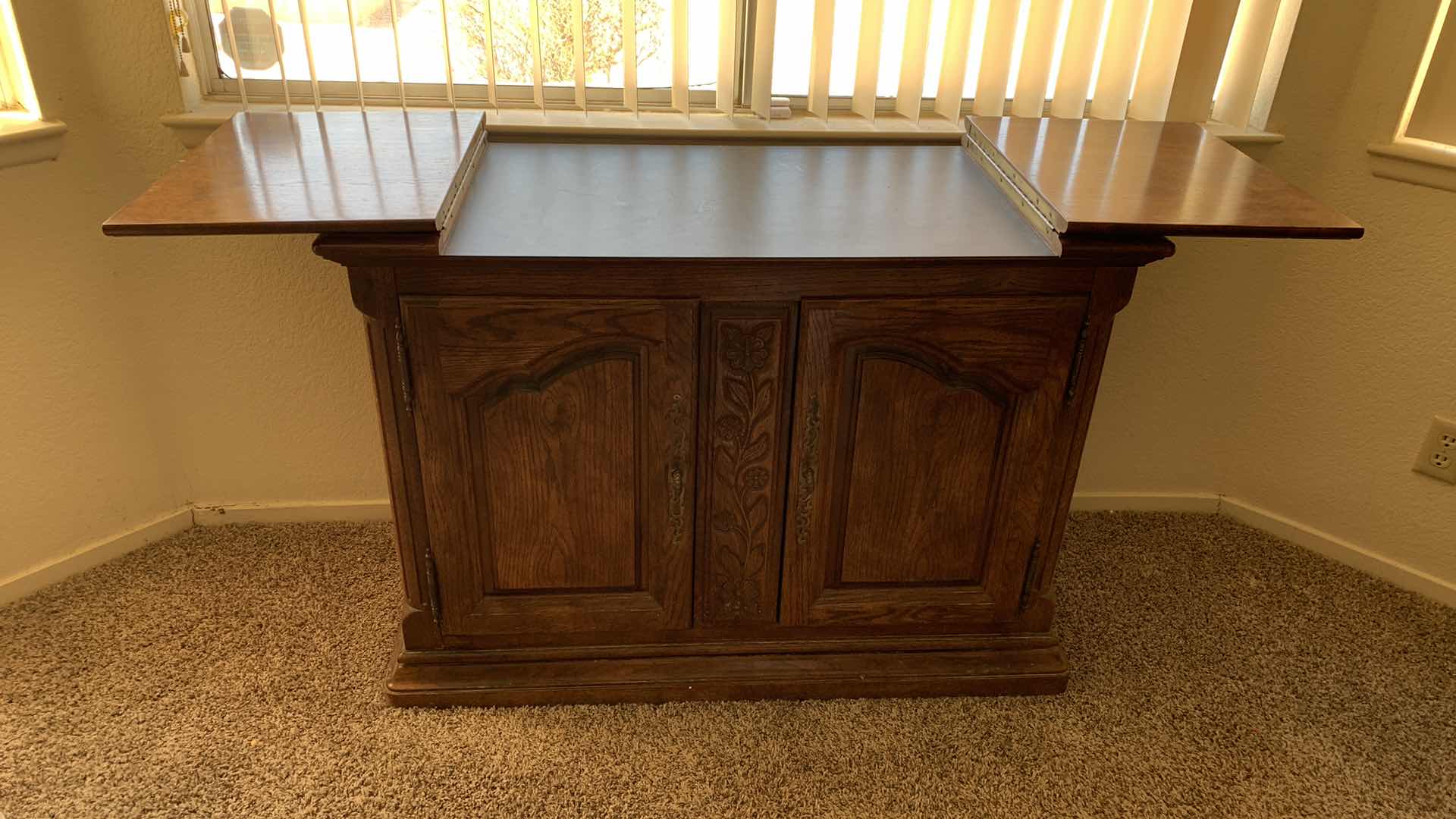 Photo 1 of CARVED FLORAL OAK EXPANDABLE SIDEBOARD CABINET 42" X 19" H 31"