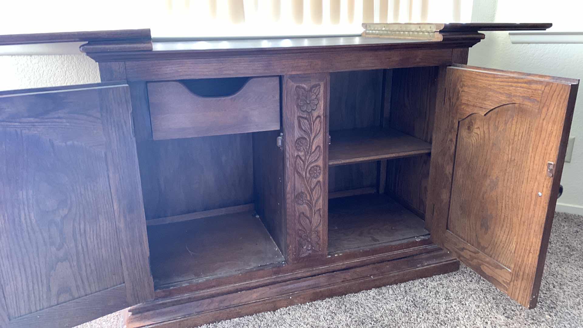 Photo 2 of CARVED FLORAL OAK EXPANDABLE SIDEBOARD CABINET 42" X 19" H 31"