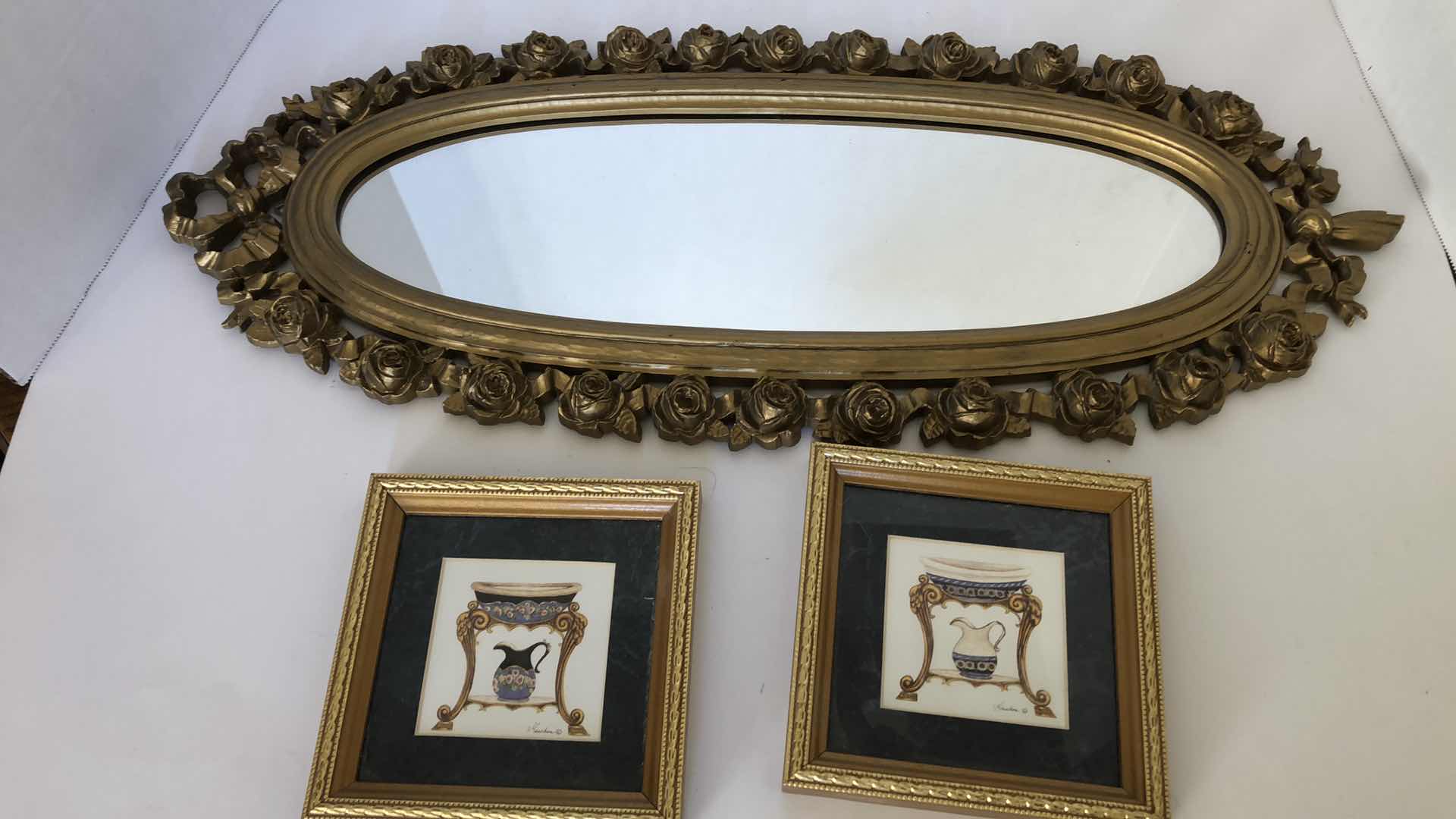 Photo 1 of 2- SMALL GOLD FRAMED ARTWORKS, GOLD ORNATE WALL MIRROR